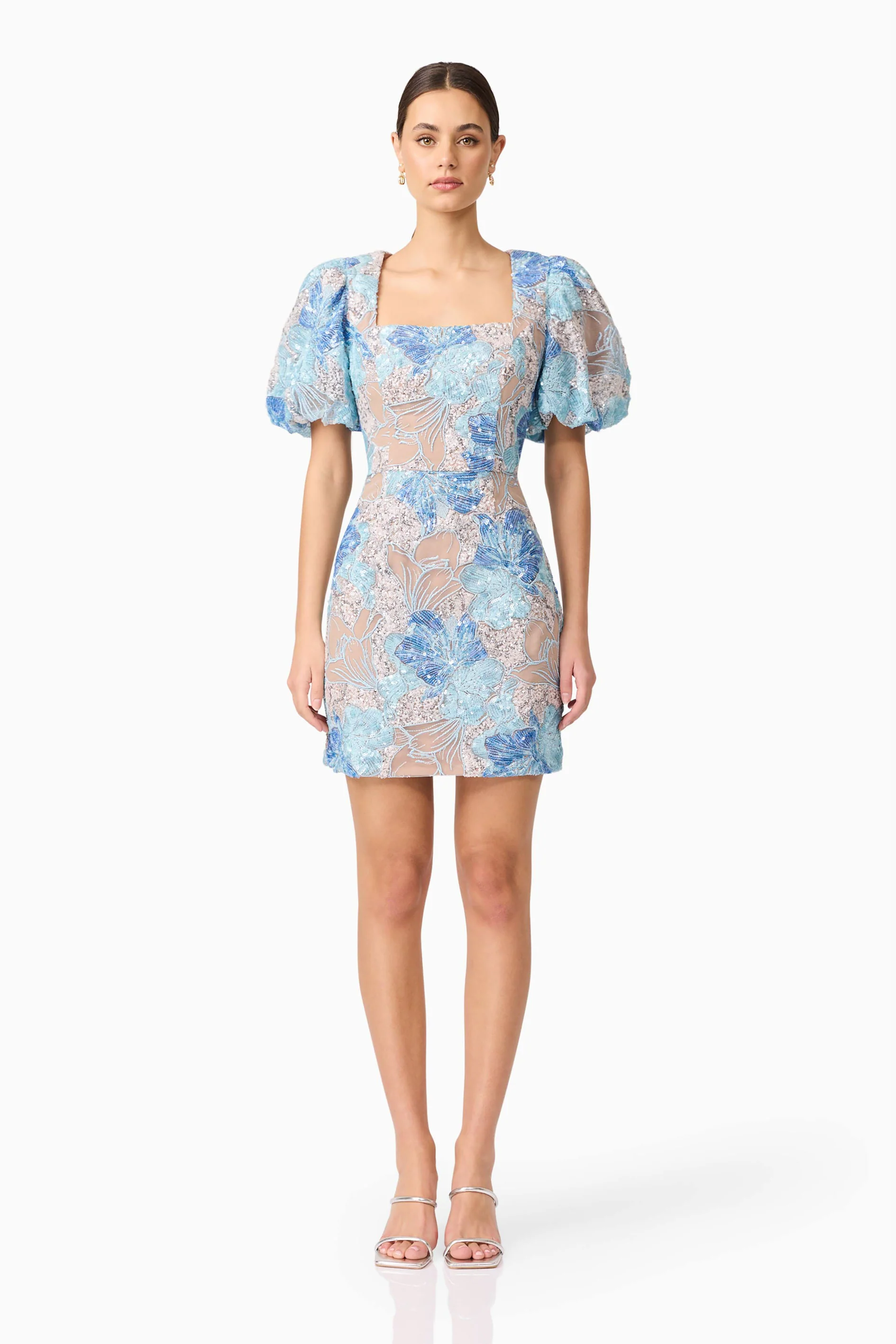 Leoni Puff Sleeve Mini Dres in Blue