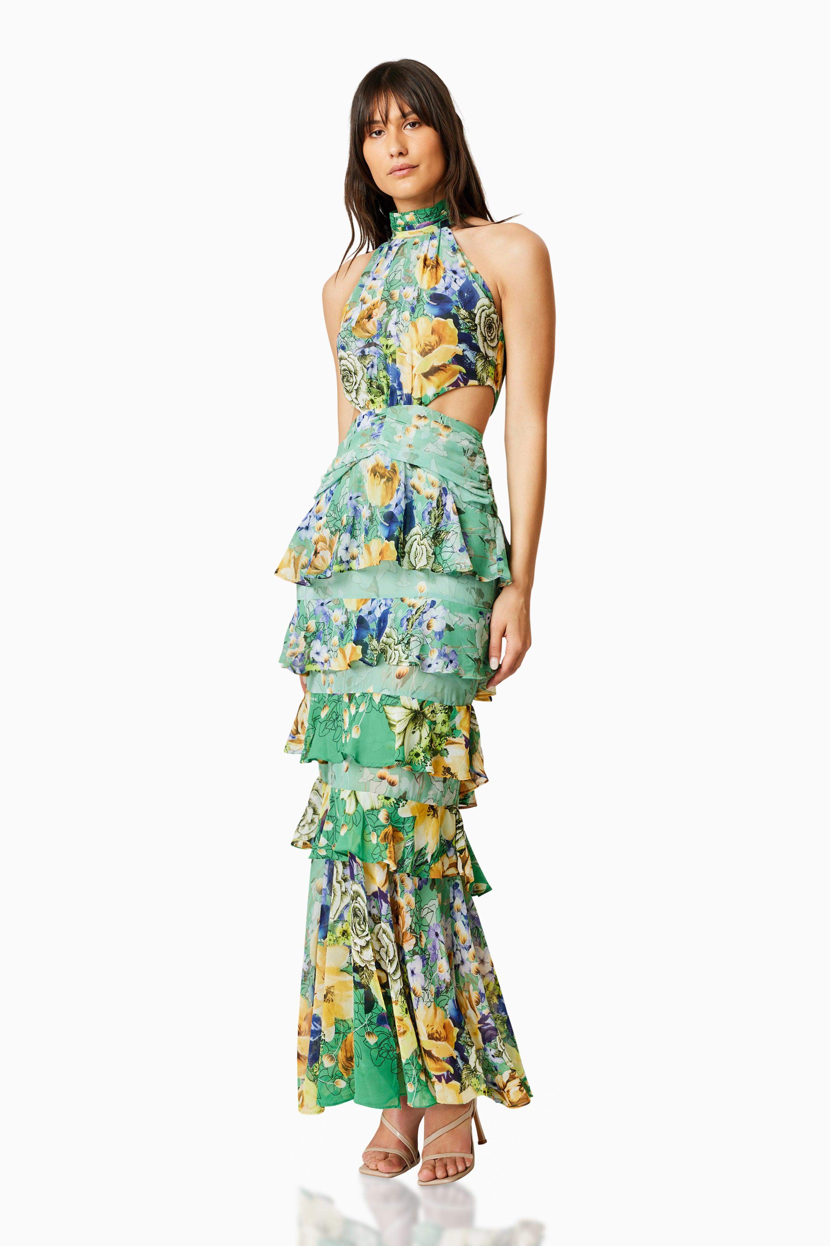 Gardenia Halter Maxi Gown In Green