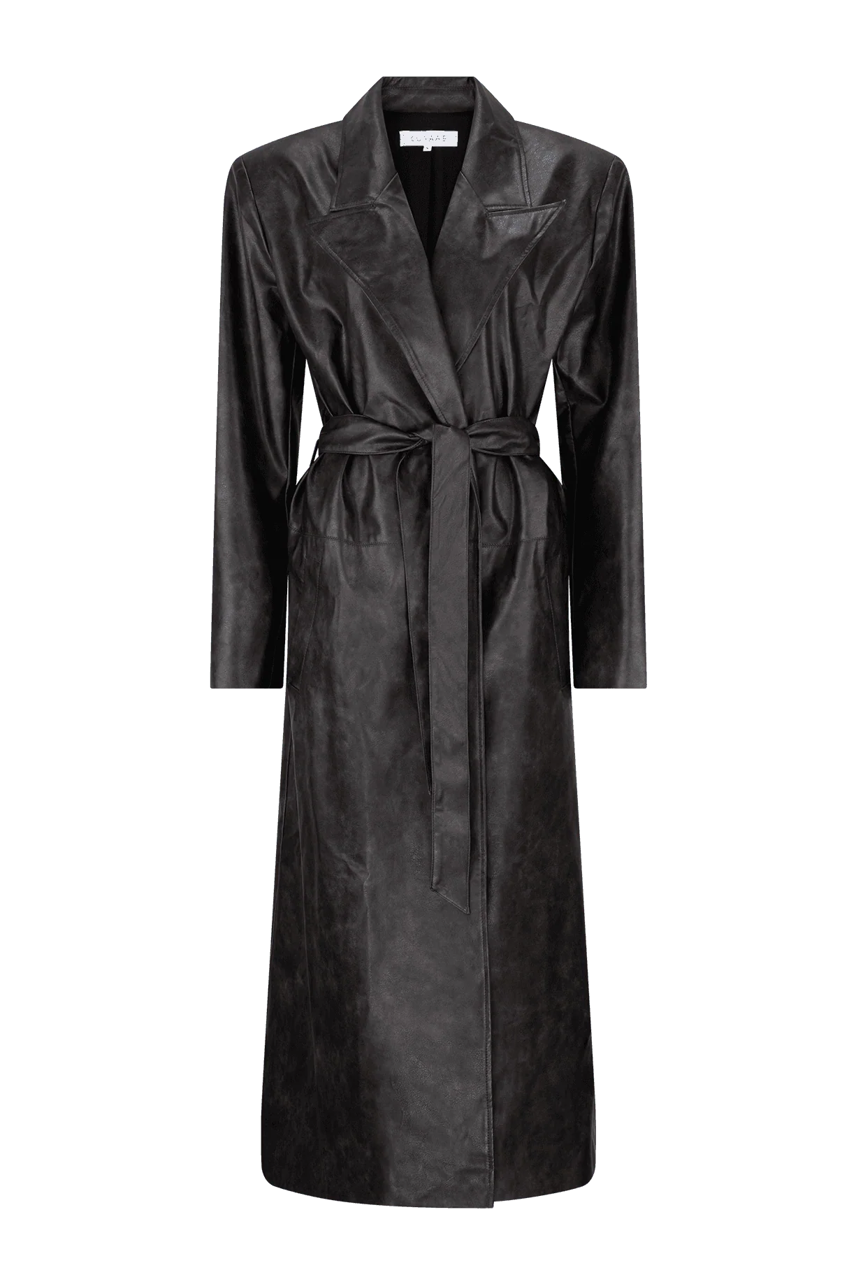 CURAAE Cameron Vegan Leather Fabric Tie Trench Coat In Chestnut