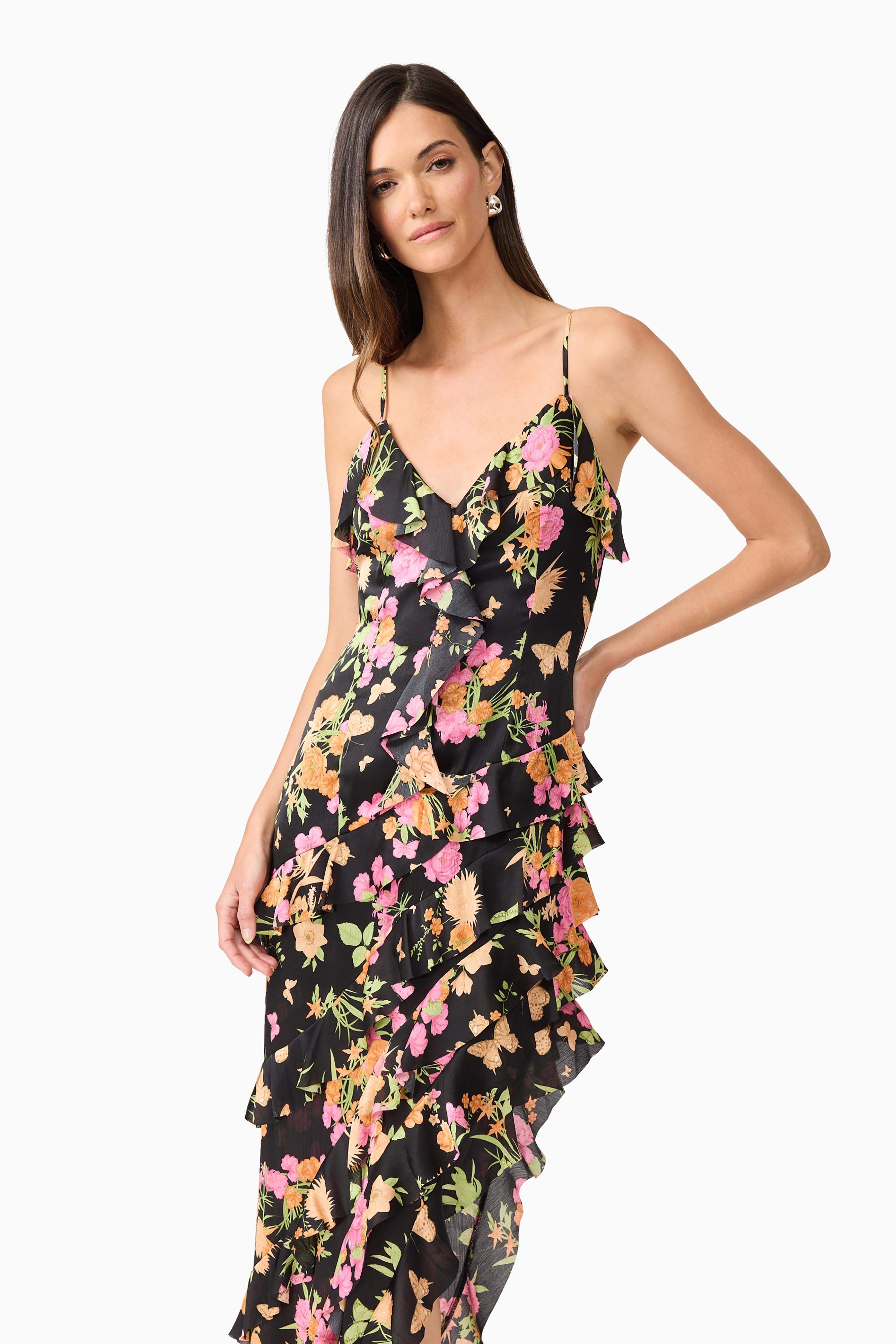Tess Floral Asymmetrical Maxi Dress in Black