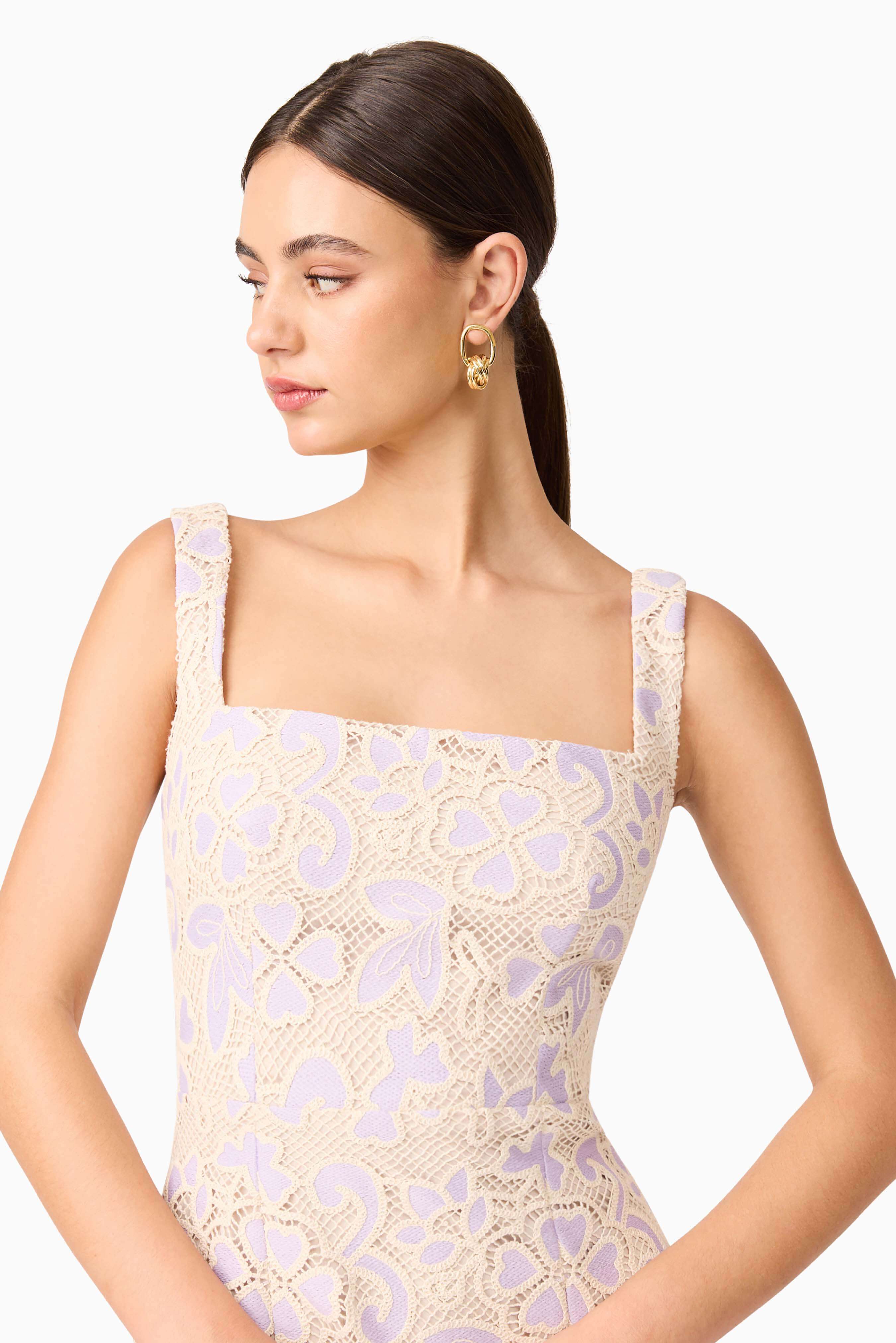 Jasmine A-Line Midi Dress in Purple & Beige