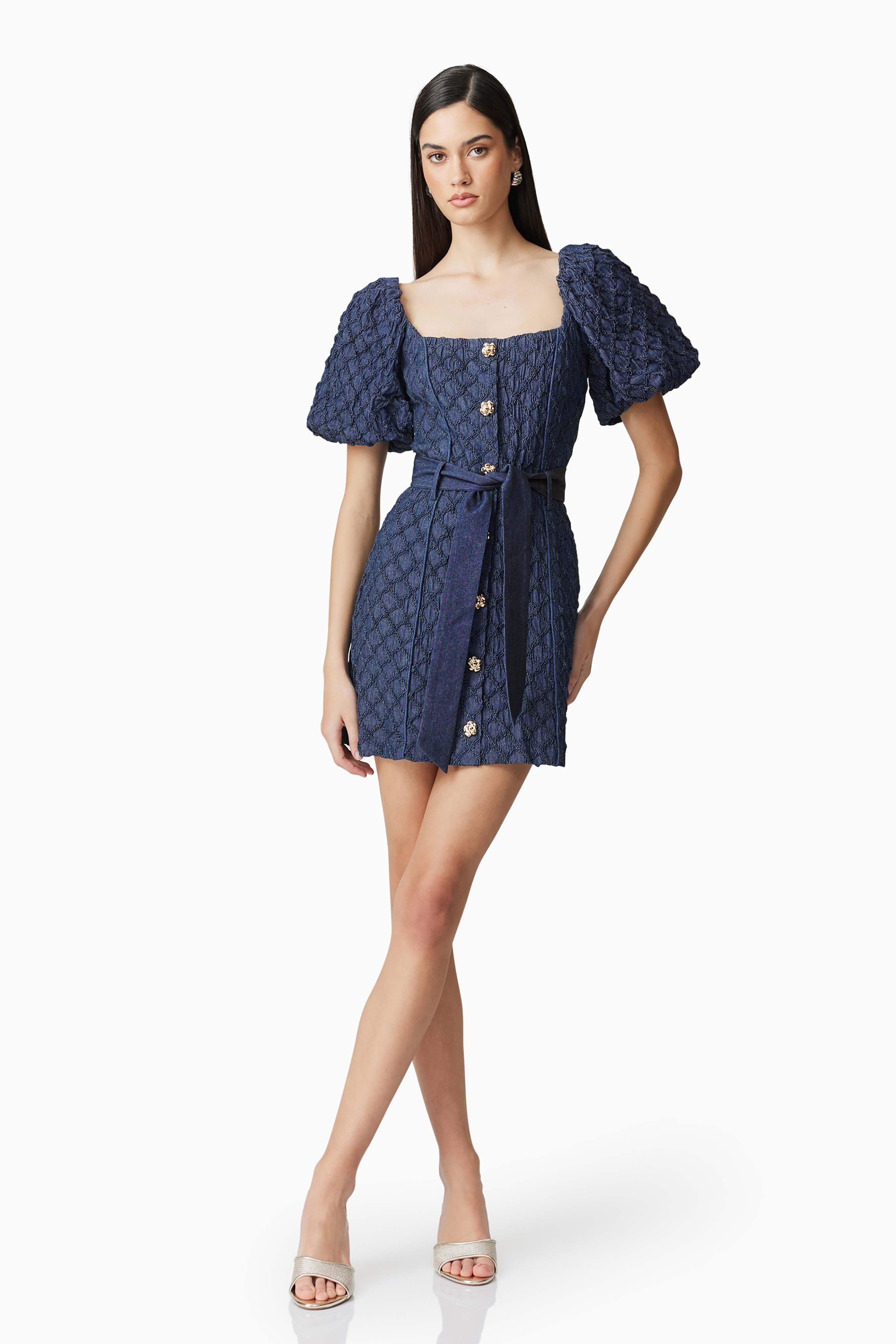 Keeley Puff Sleeve Mini Dress in Blue