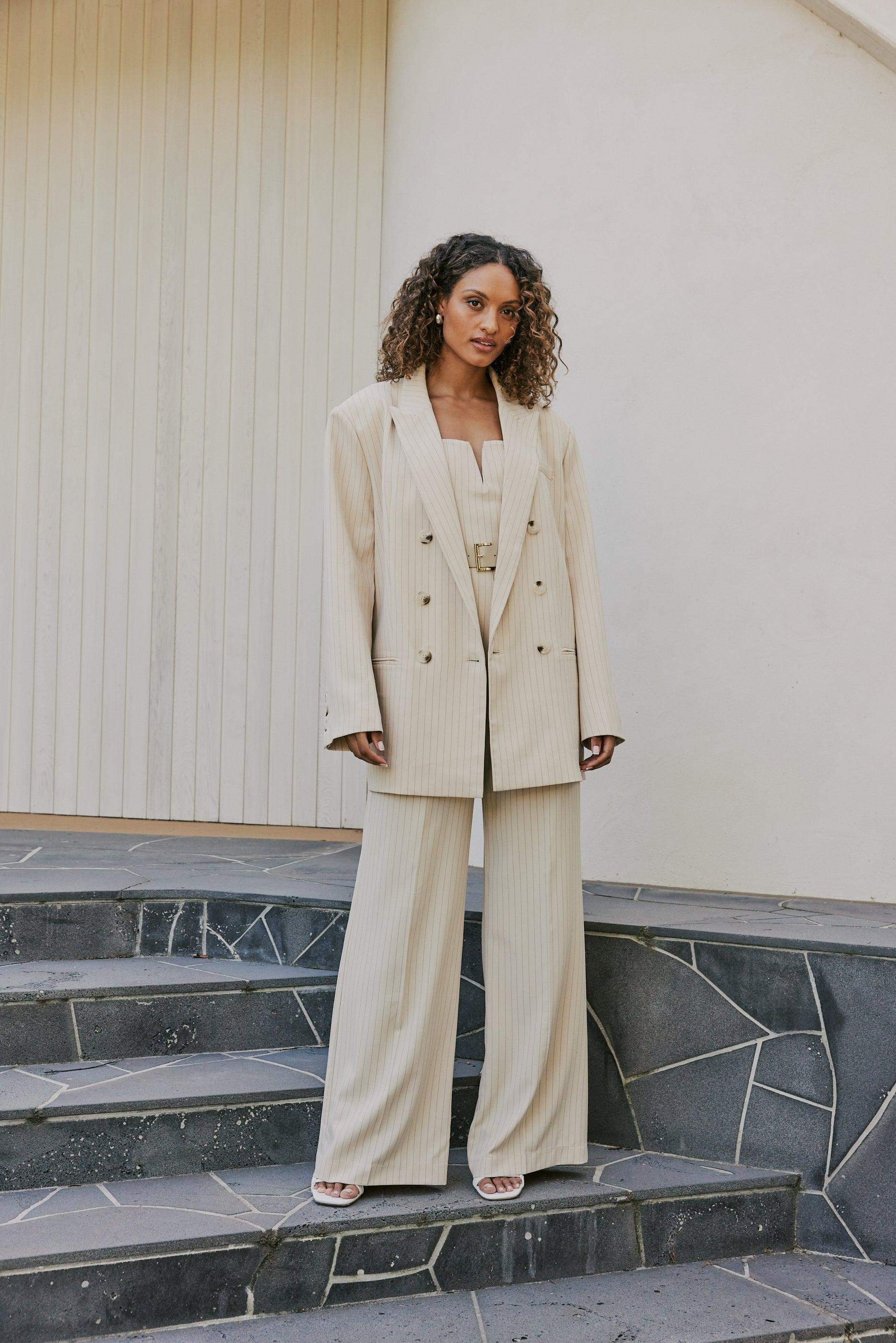 CURAAE Lyric Oversized Pinstripe Blazer In Beige
