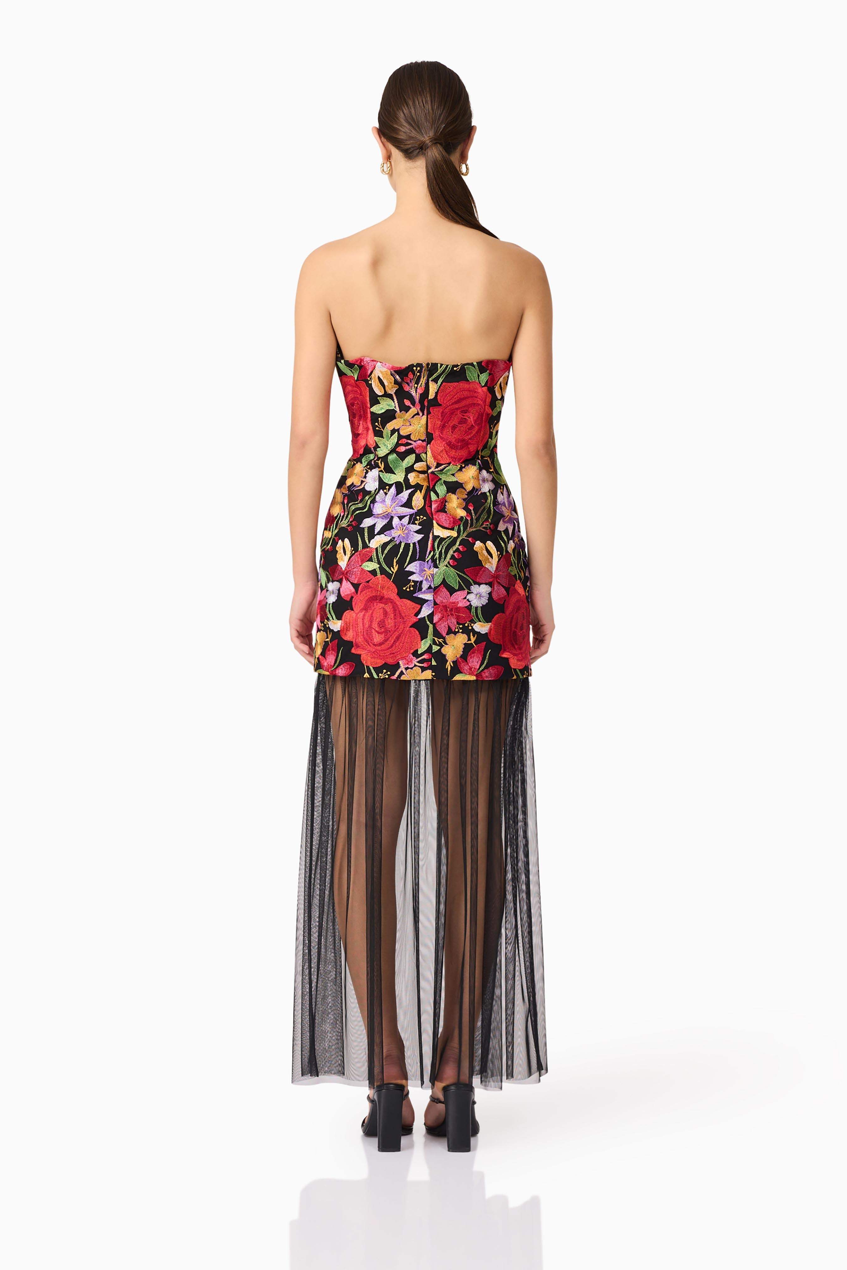 Talia Strapless Maxi Dress in Black Floral