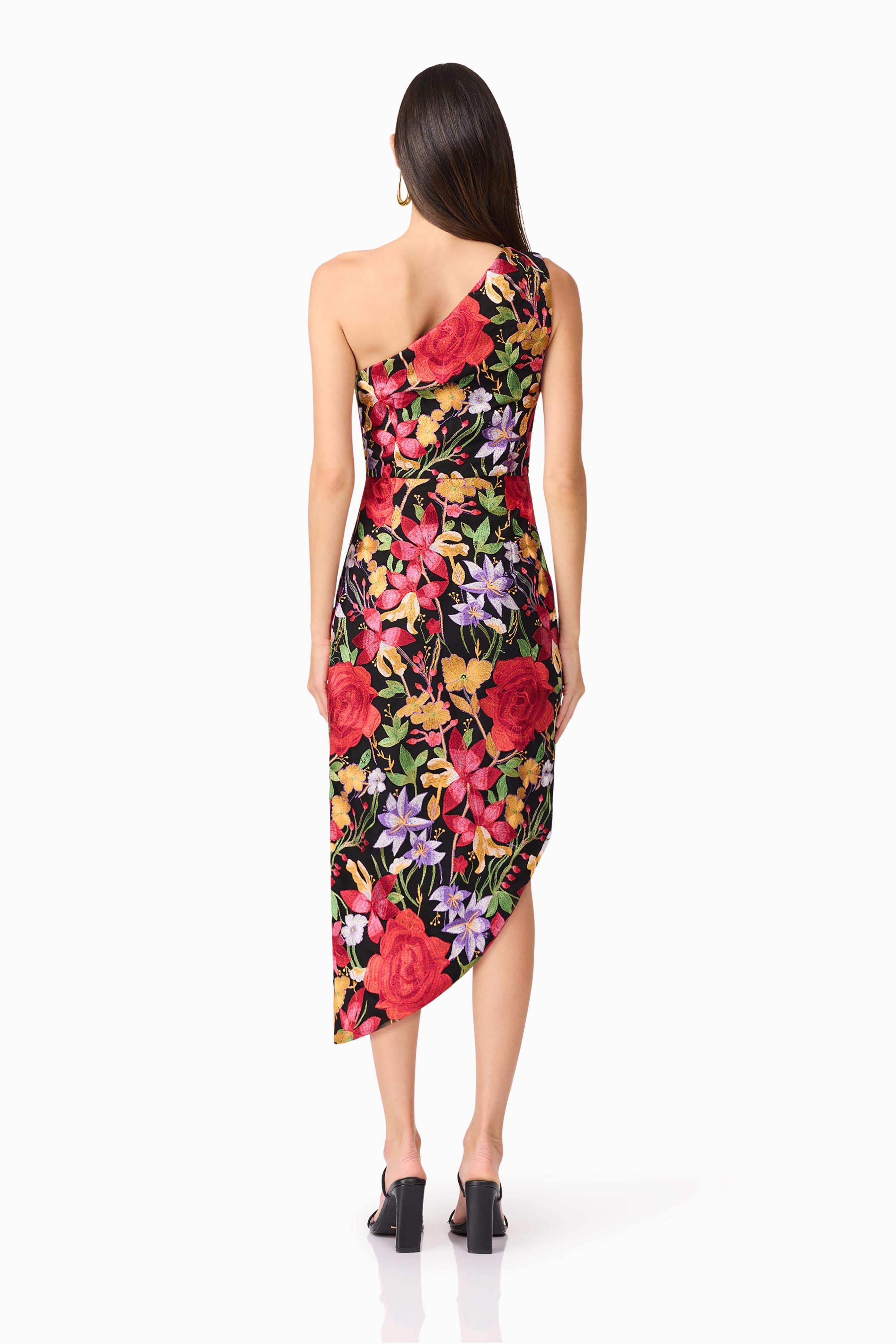Talia Asymmetrical Midi Dress in Black Floral
