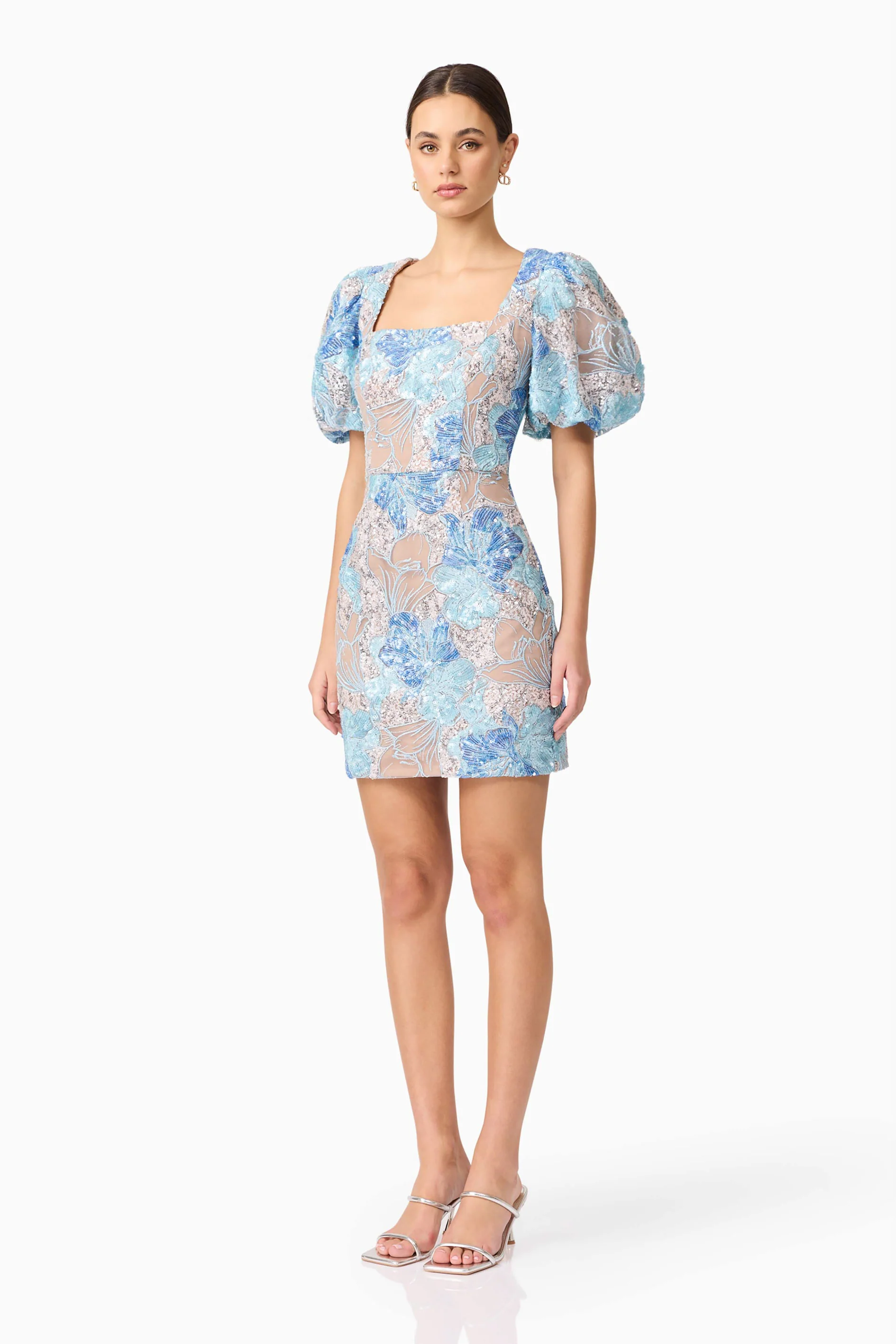 Leoni Puff Sleeve Mini Dres in Blue