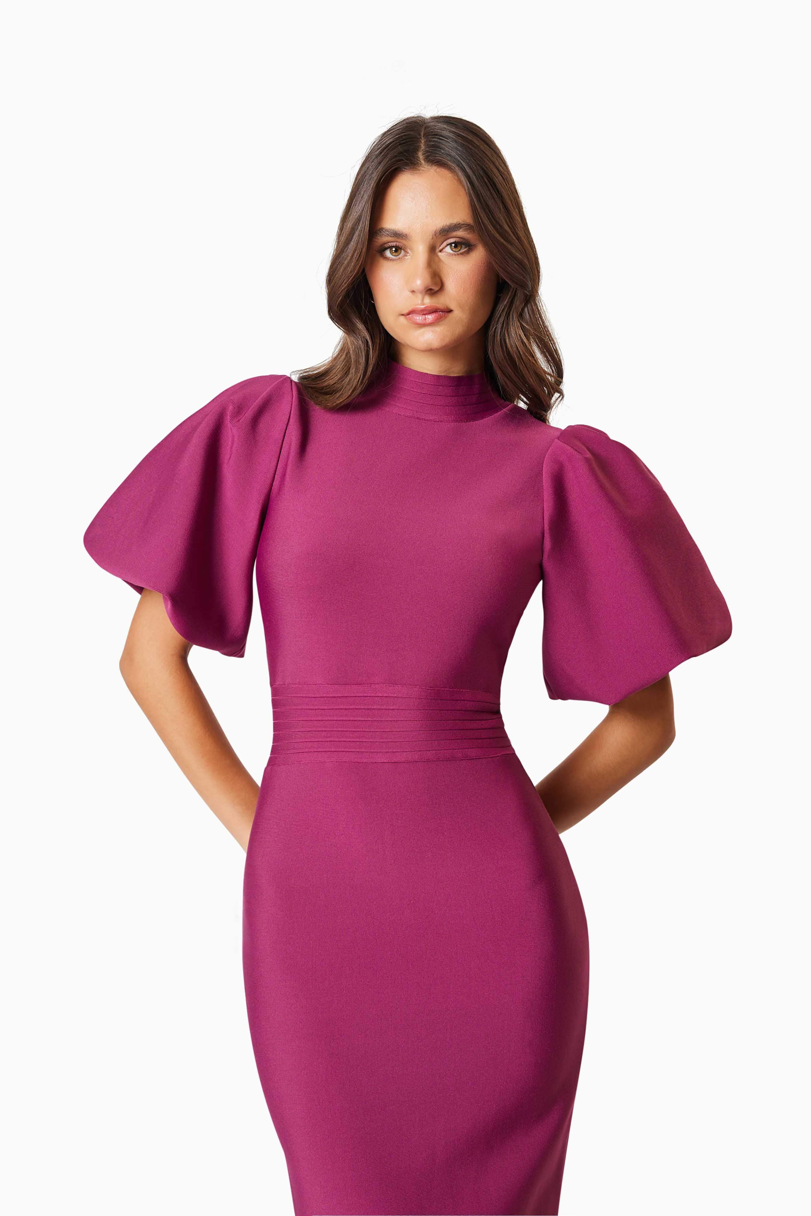 Ella Puff Sleeve Midi Dress In Red