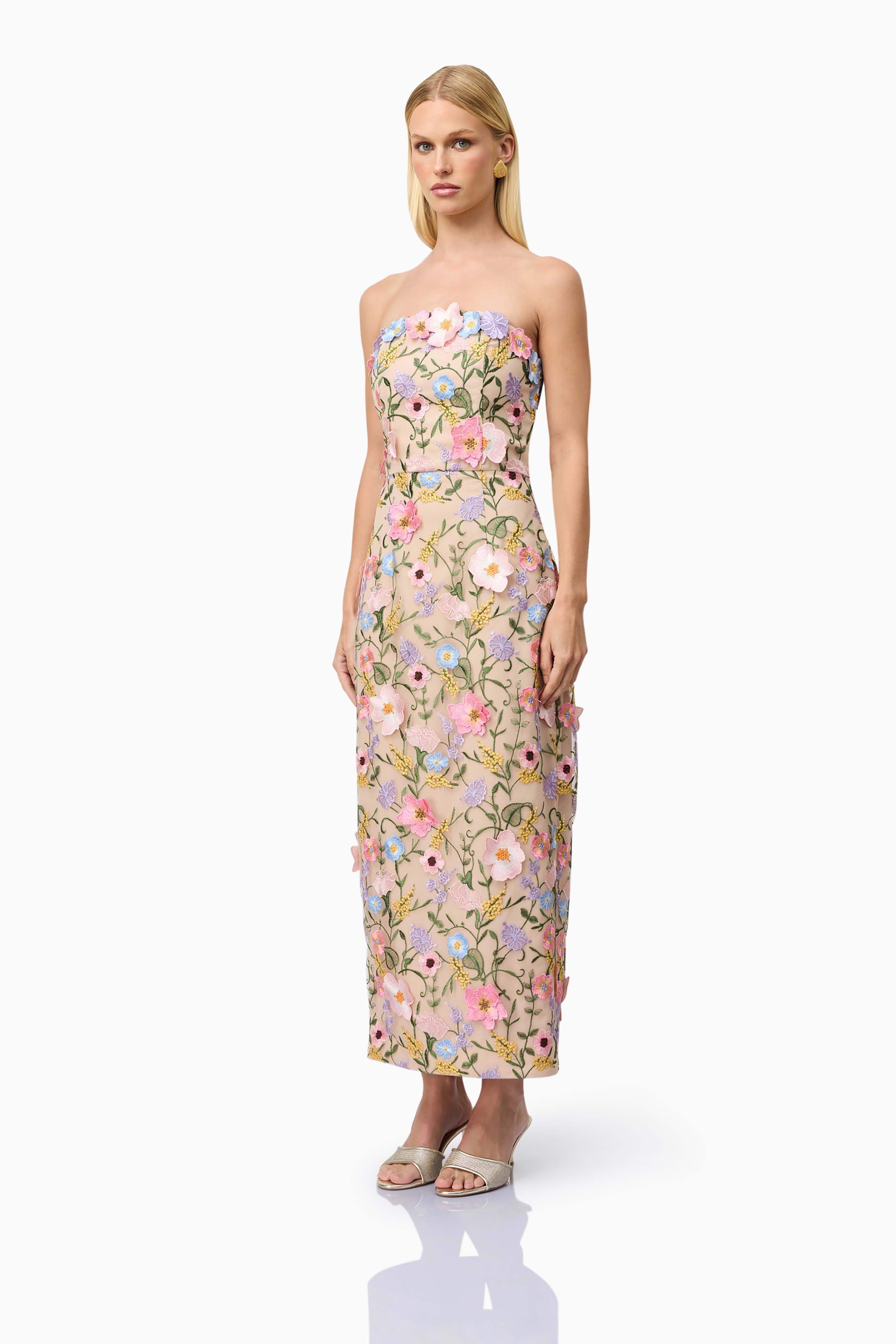 Helena Strapless Midi Dress In Floral