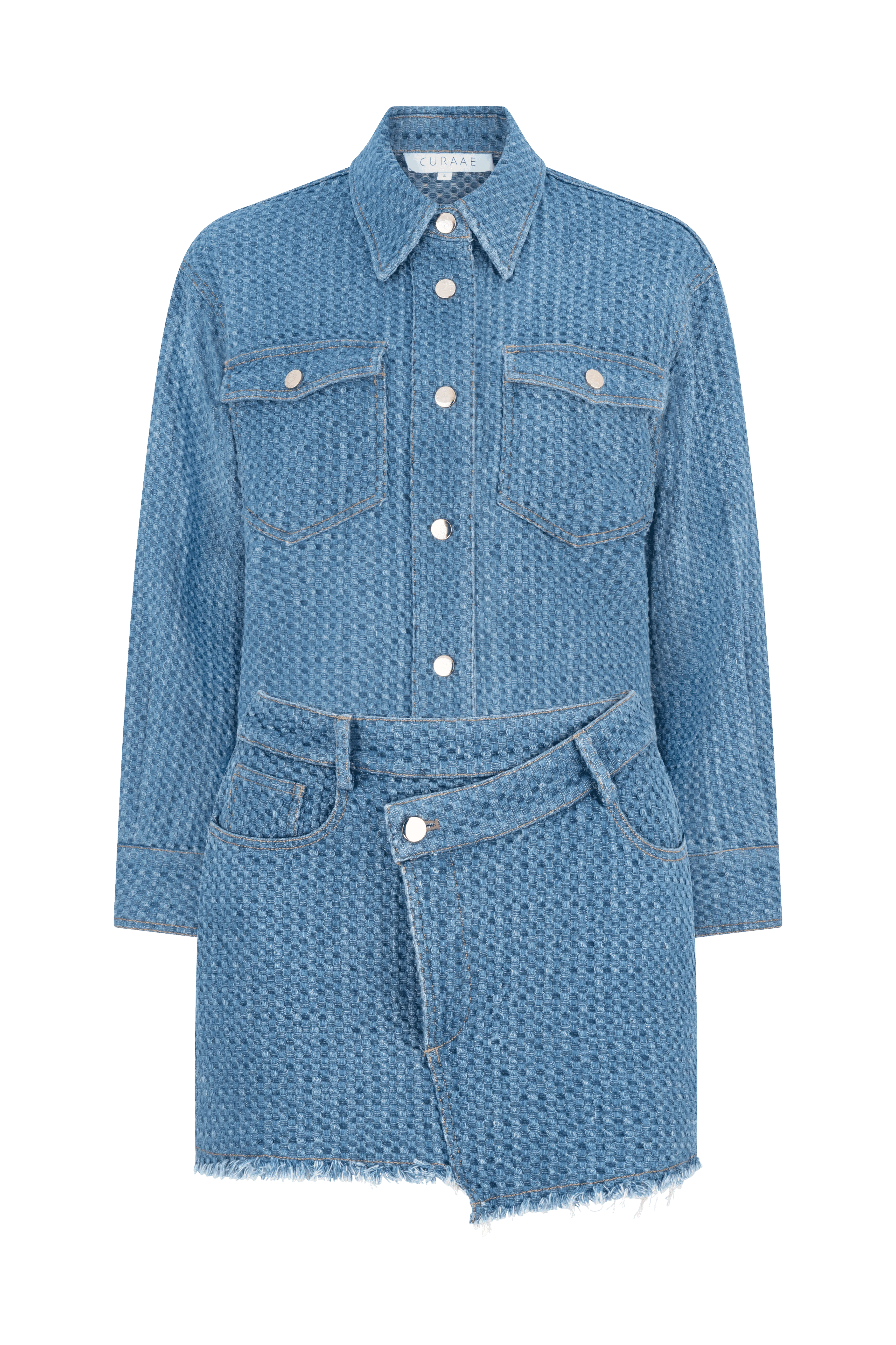 CURAAE Lyra Two Piece Textured Denim Button Asymmetrical Set In Mid Blue