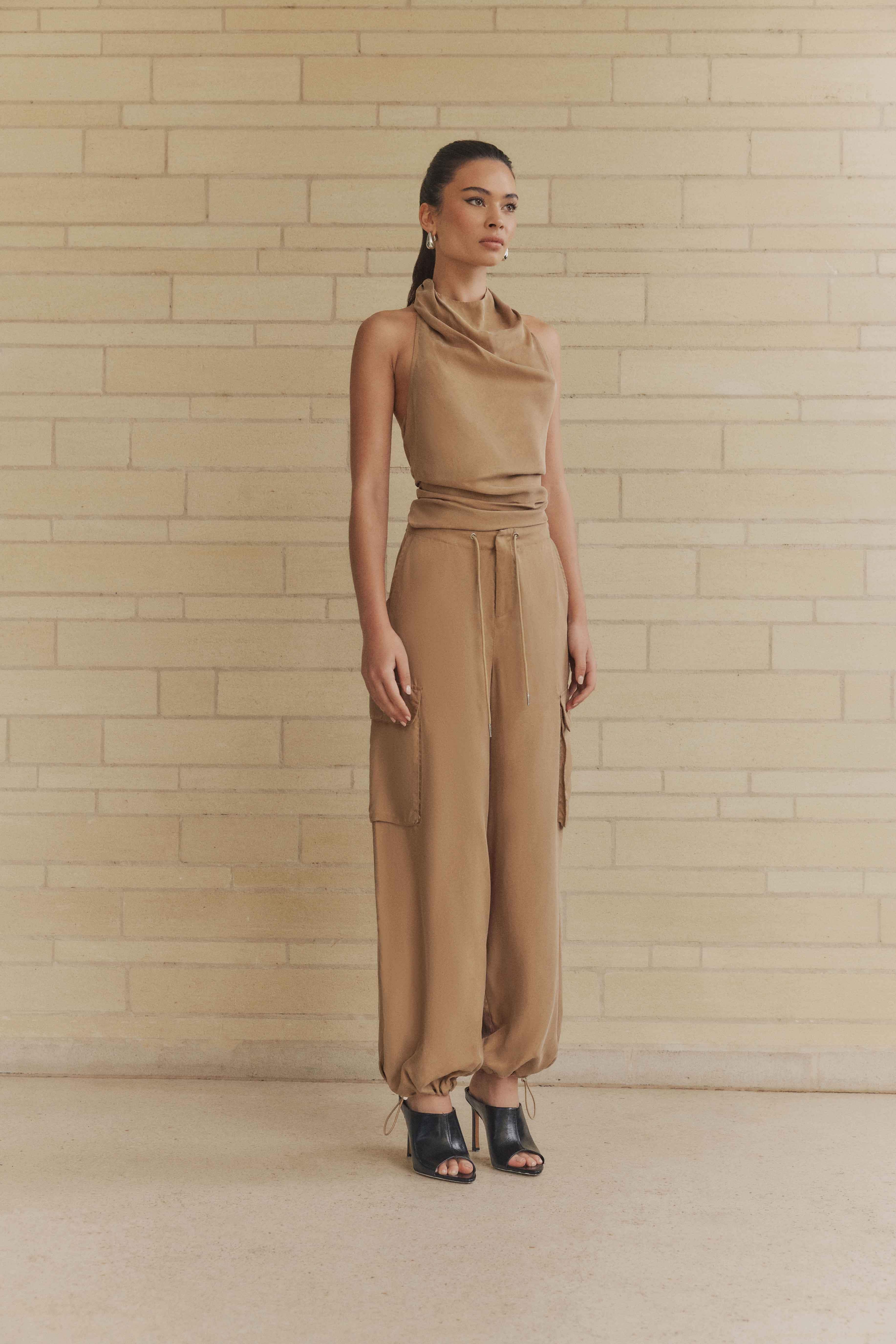 CURAAE Amber Tie Back Halter Cowl Neck Top in Beige