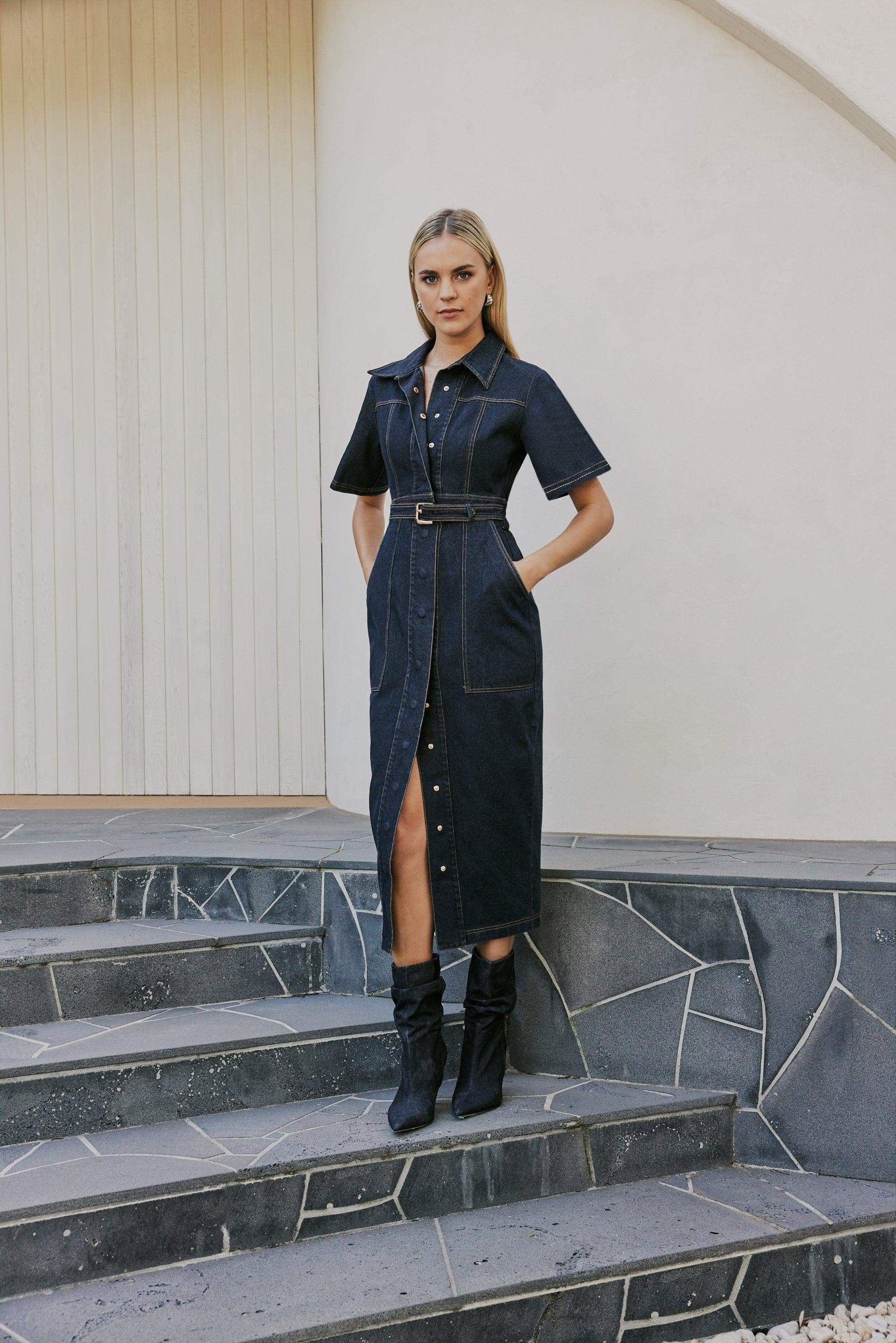 CURAAE Elysia Midi Shirt Belt Denim Dress