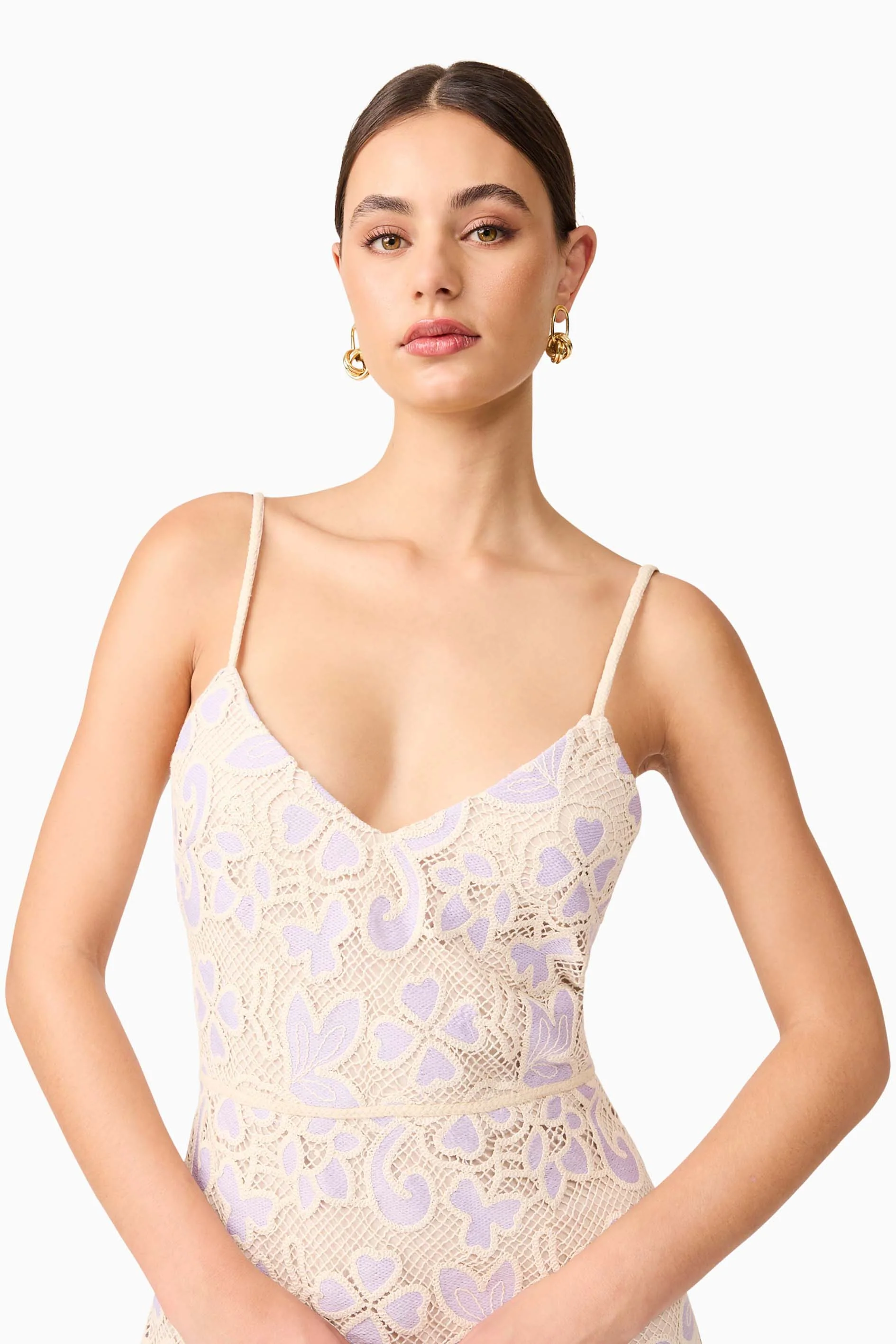 Jasmine Crochet Mini Dress in Purple & Beige