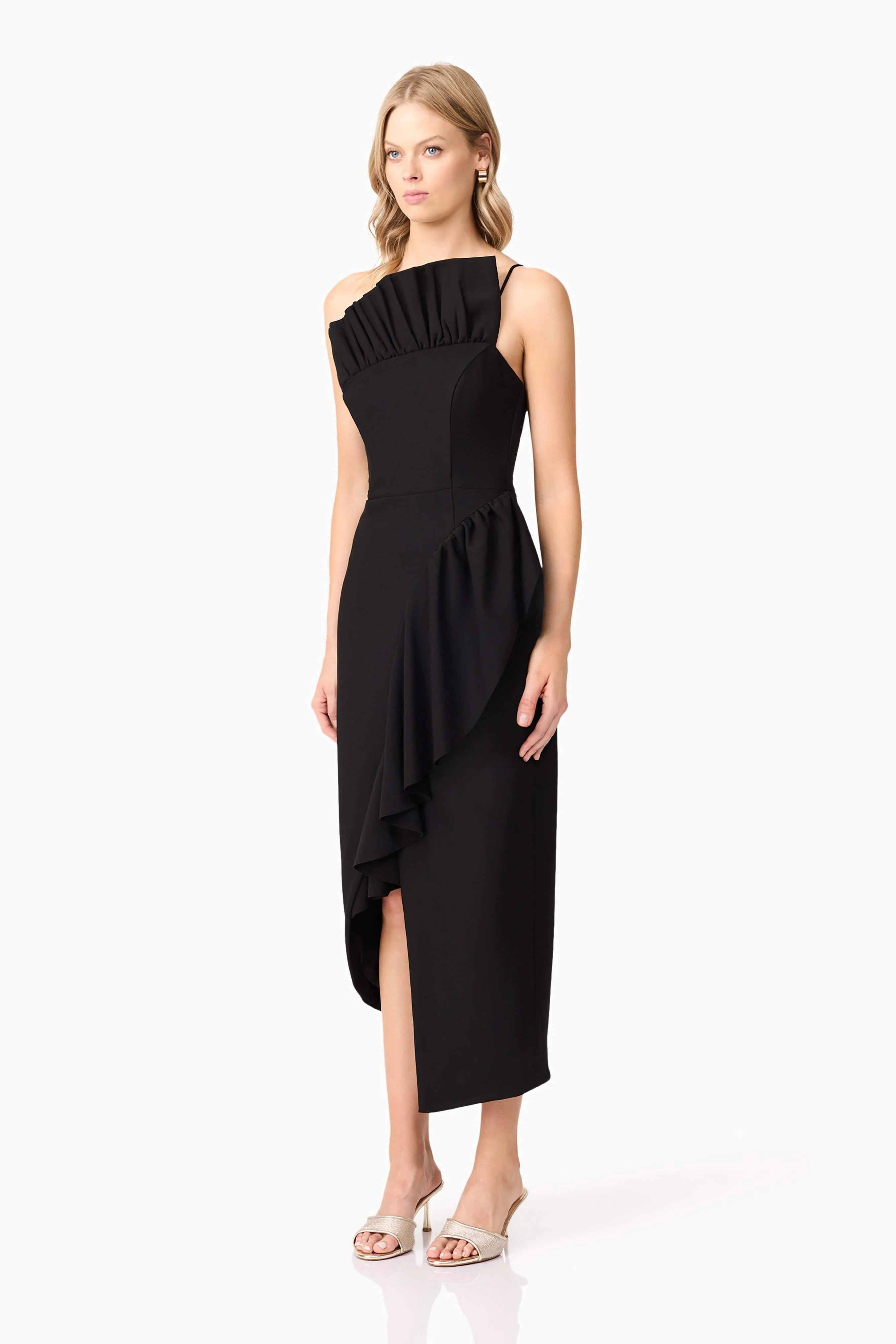 Ava Asymmetrical Midi Dress in Black