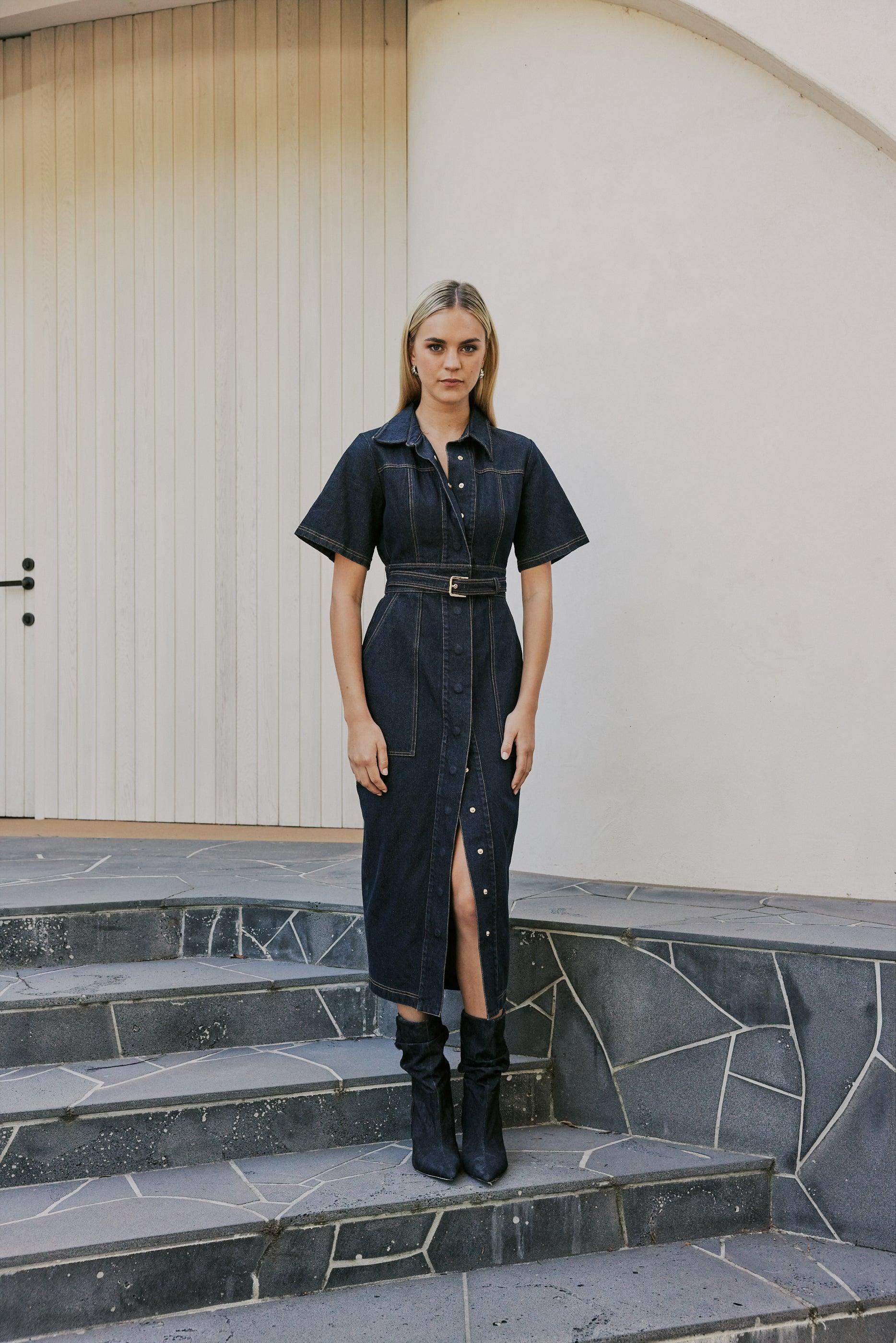 CURAAE Elysia Midi Shirt Belt Denim Dress