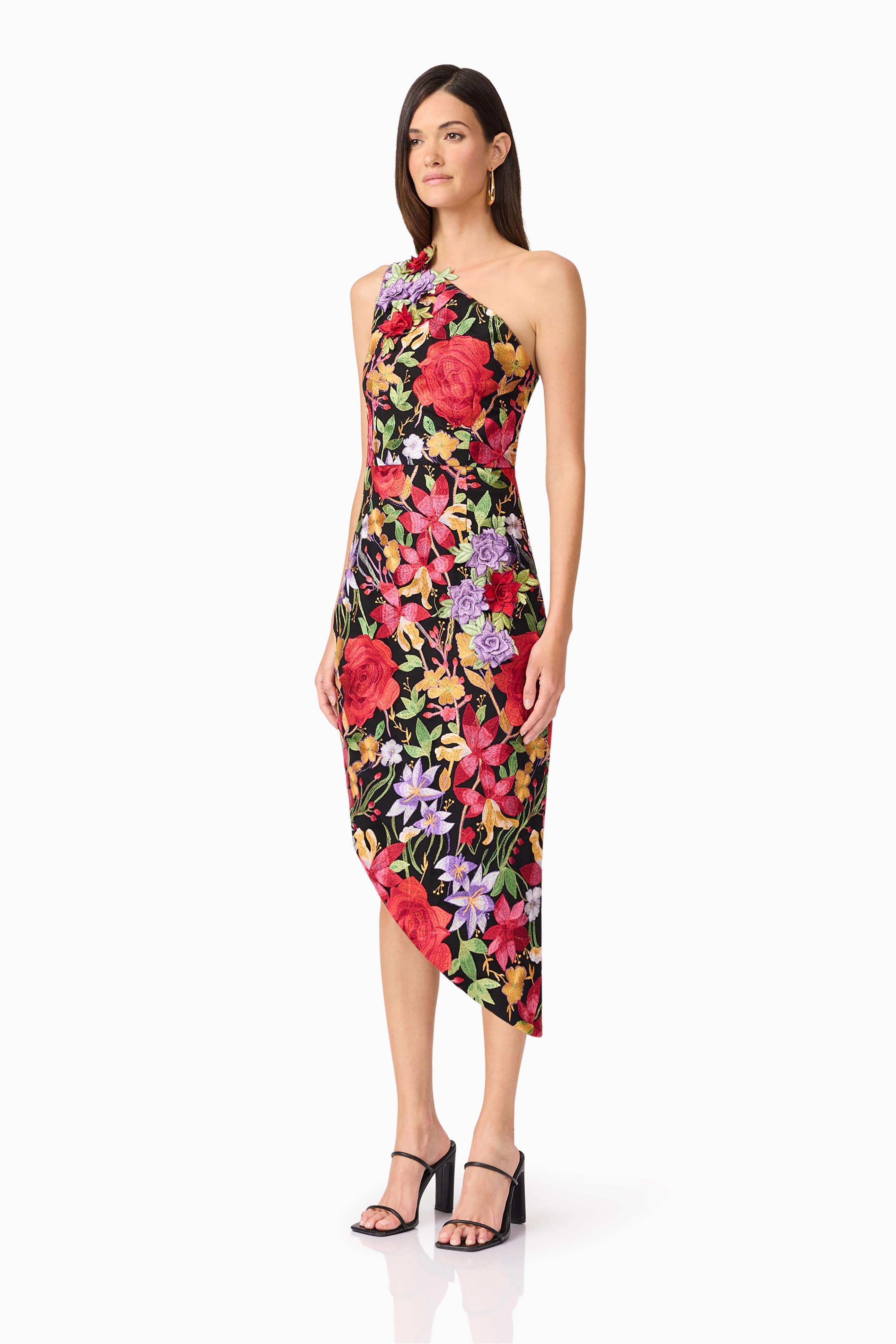 Talia Asymmetrical Midi Dress in Black Floral