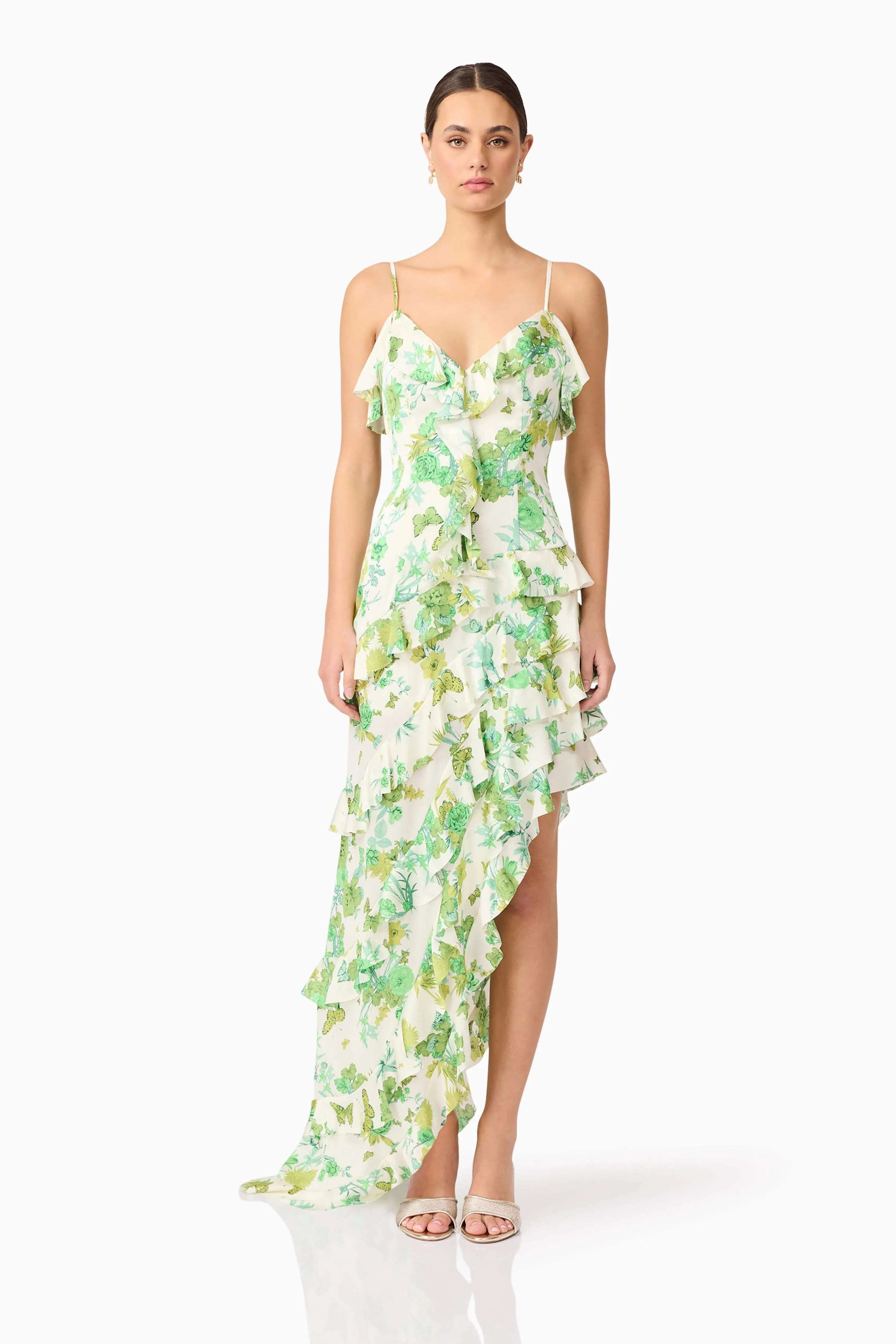 Tess Floral Asymmetrical Maxi Dress in Green