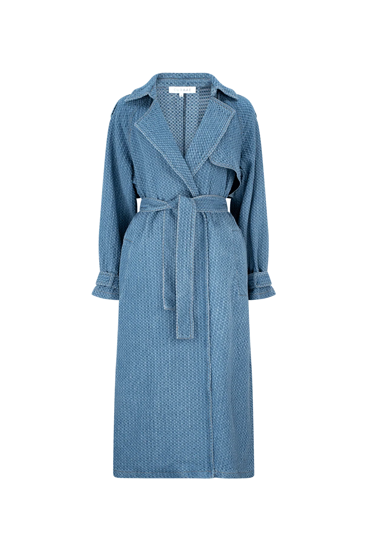 CURAAE Aurora Long Denim Textured Tie Trench