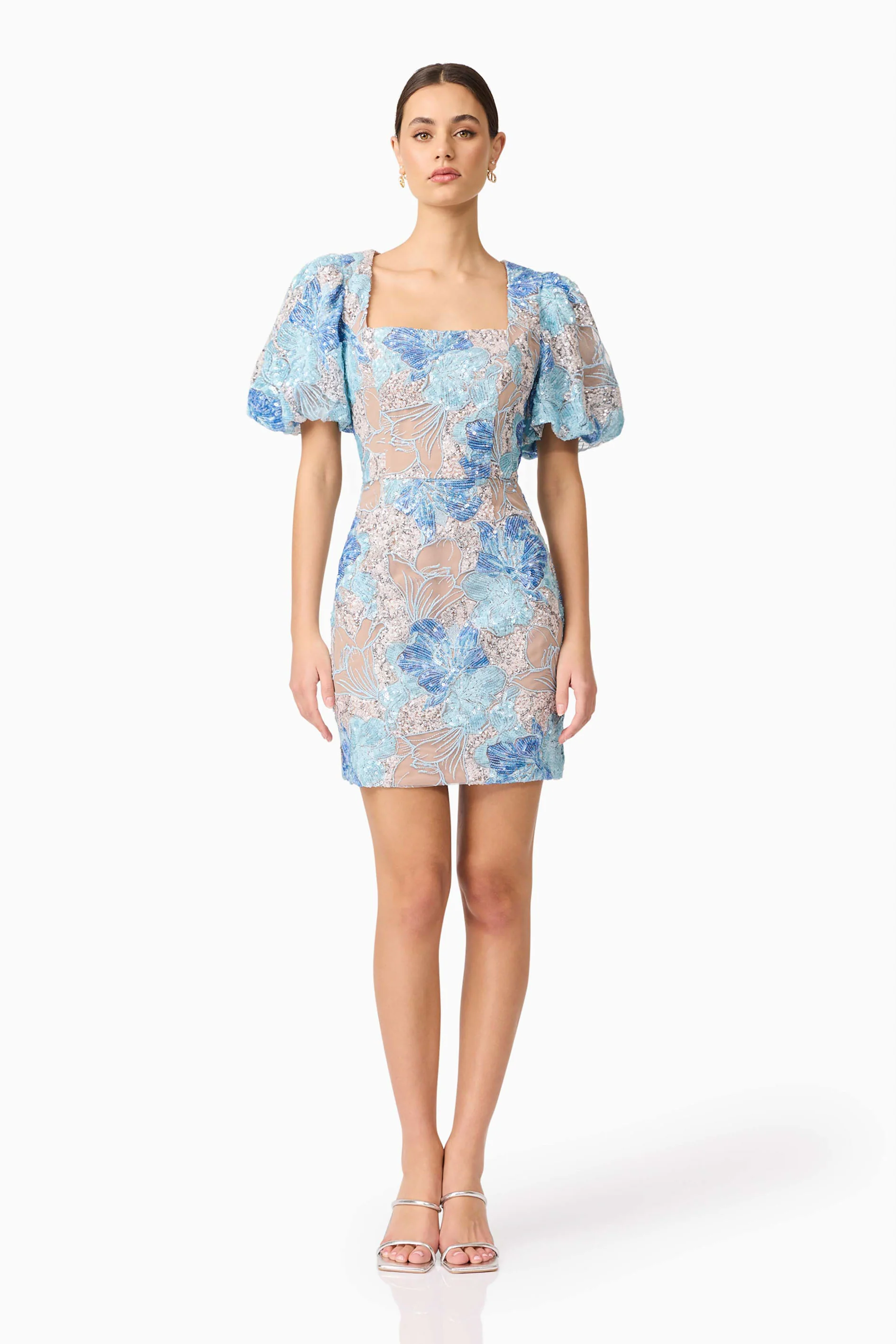 Leoni Puff Sleeve Mini Dres in Blue