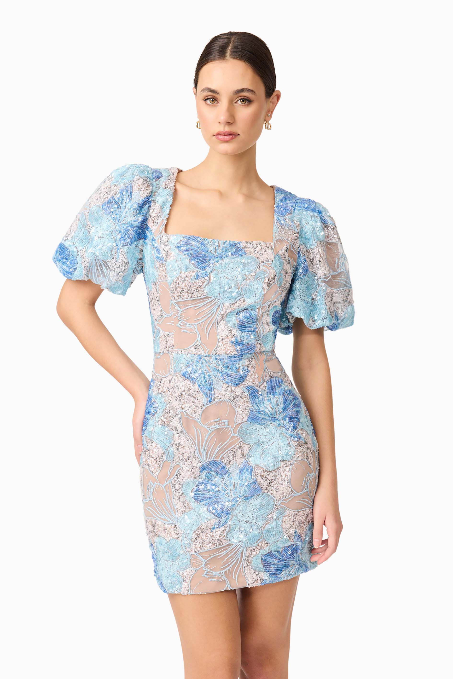 Leoni Puff Sleeve Mini Dres in Blue