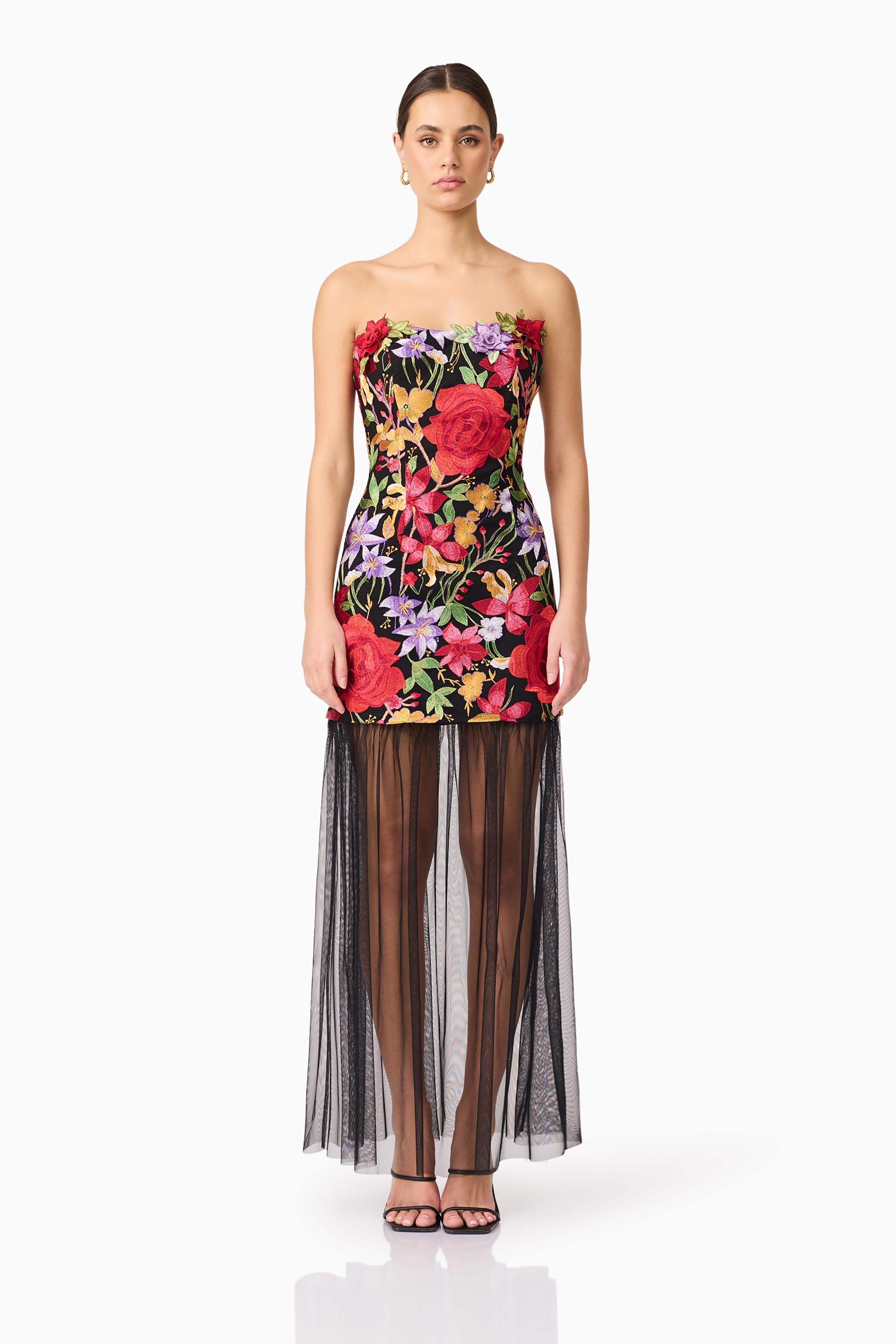Talia Strapless Maxi Dress in Black Floral