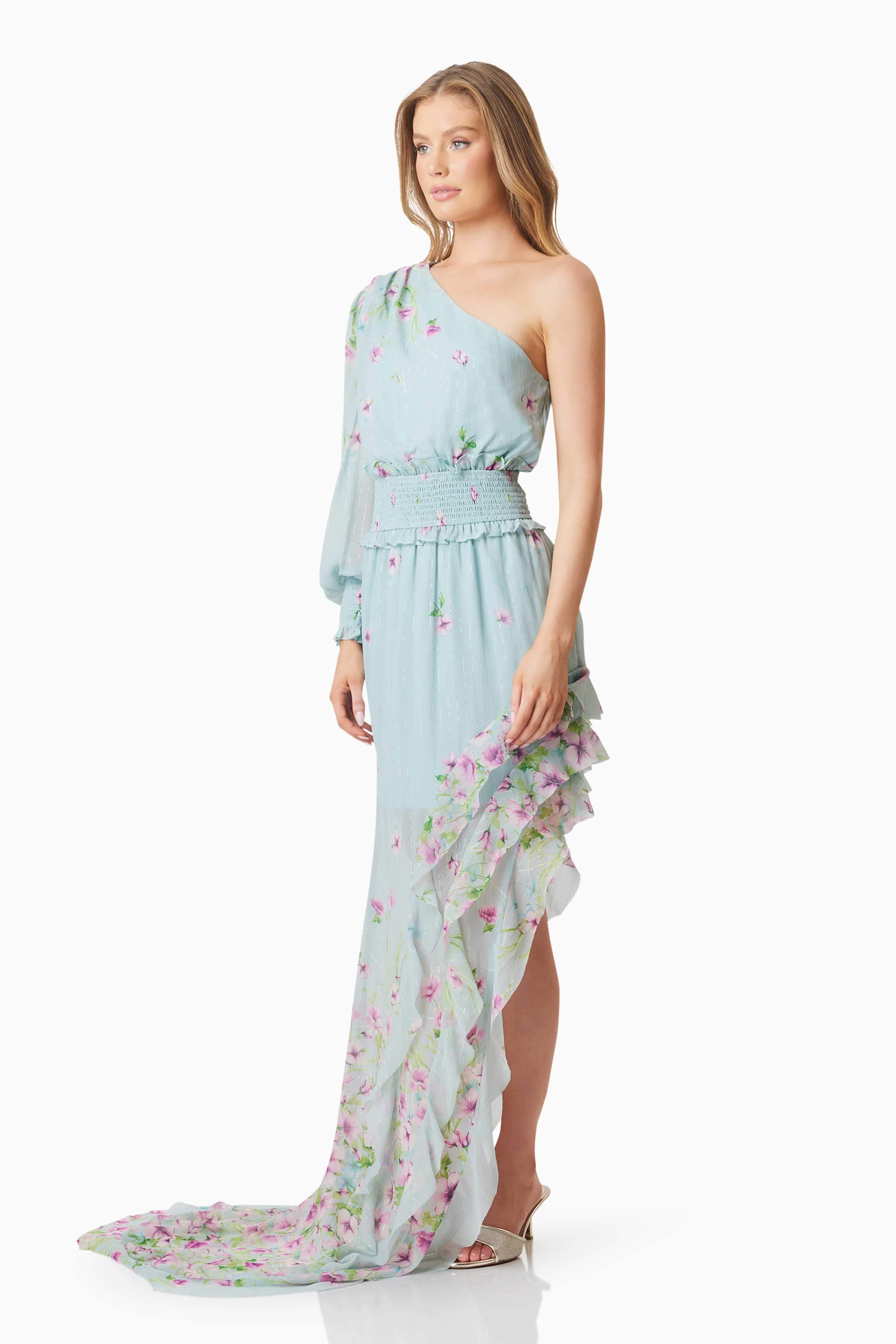 Quilla Hilo One Shoulder Maxi Gown In Blue