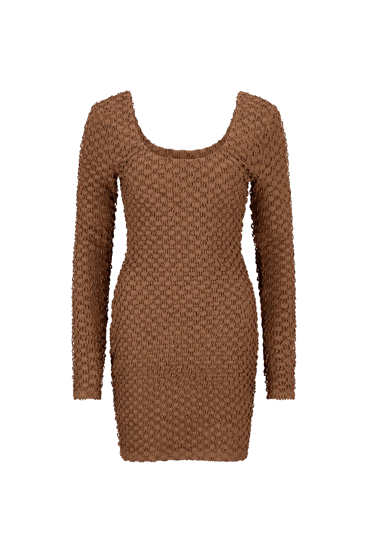 CURAAE Avery Long Sleeve Textured Fitted Scoop Mini Dress In Brown