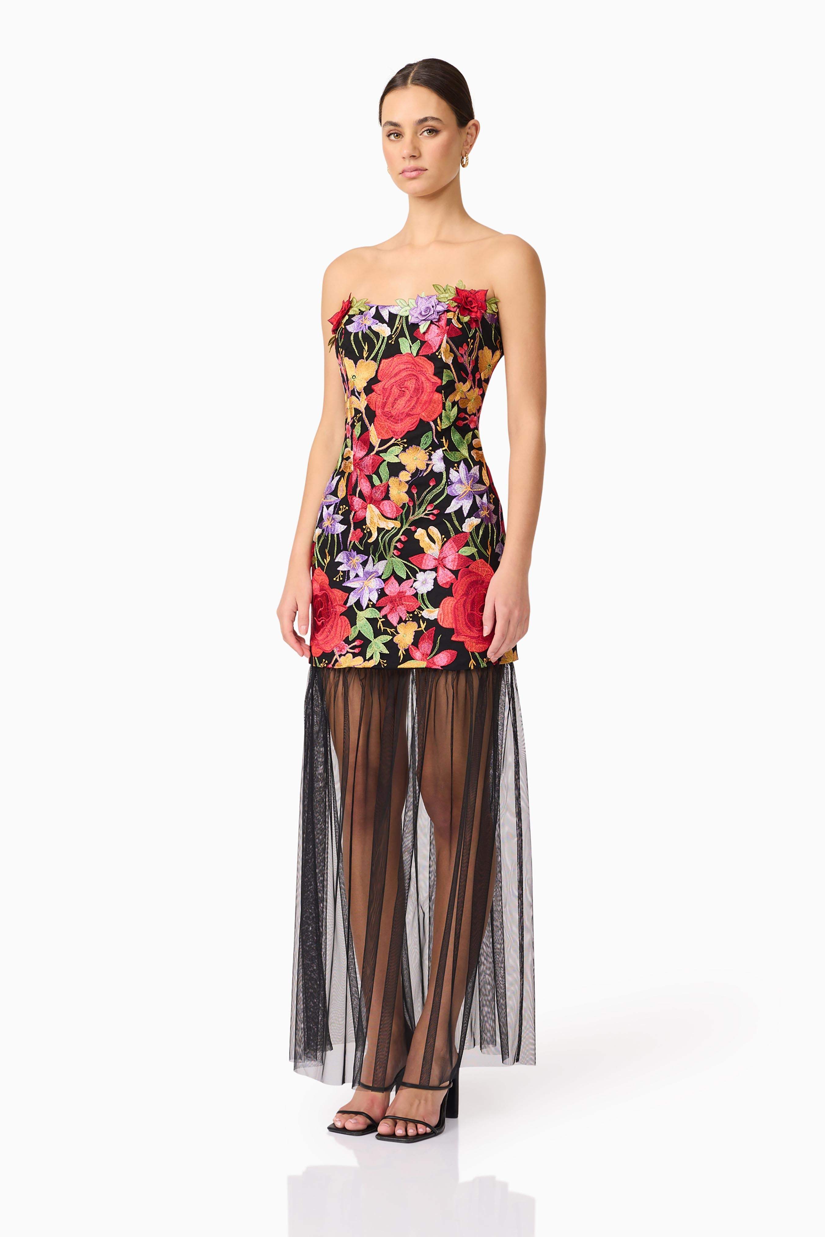 Talia Strapless Maxi Dress in Black Floral