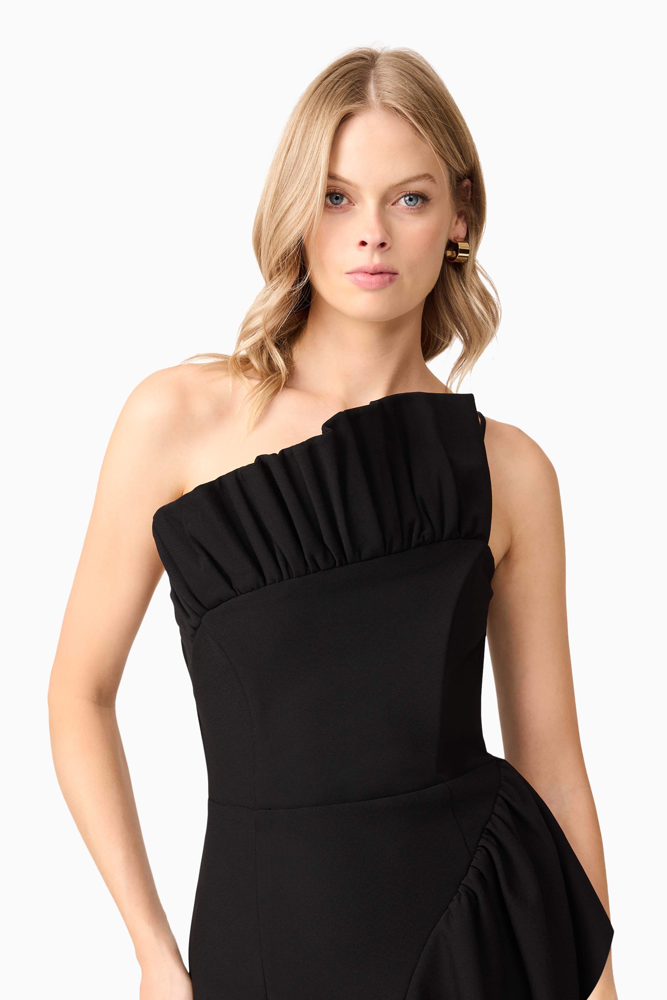 Ava Asymmetrical Midi Dress in Black