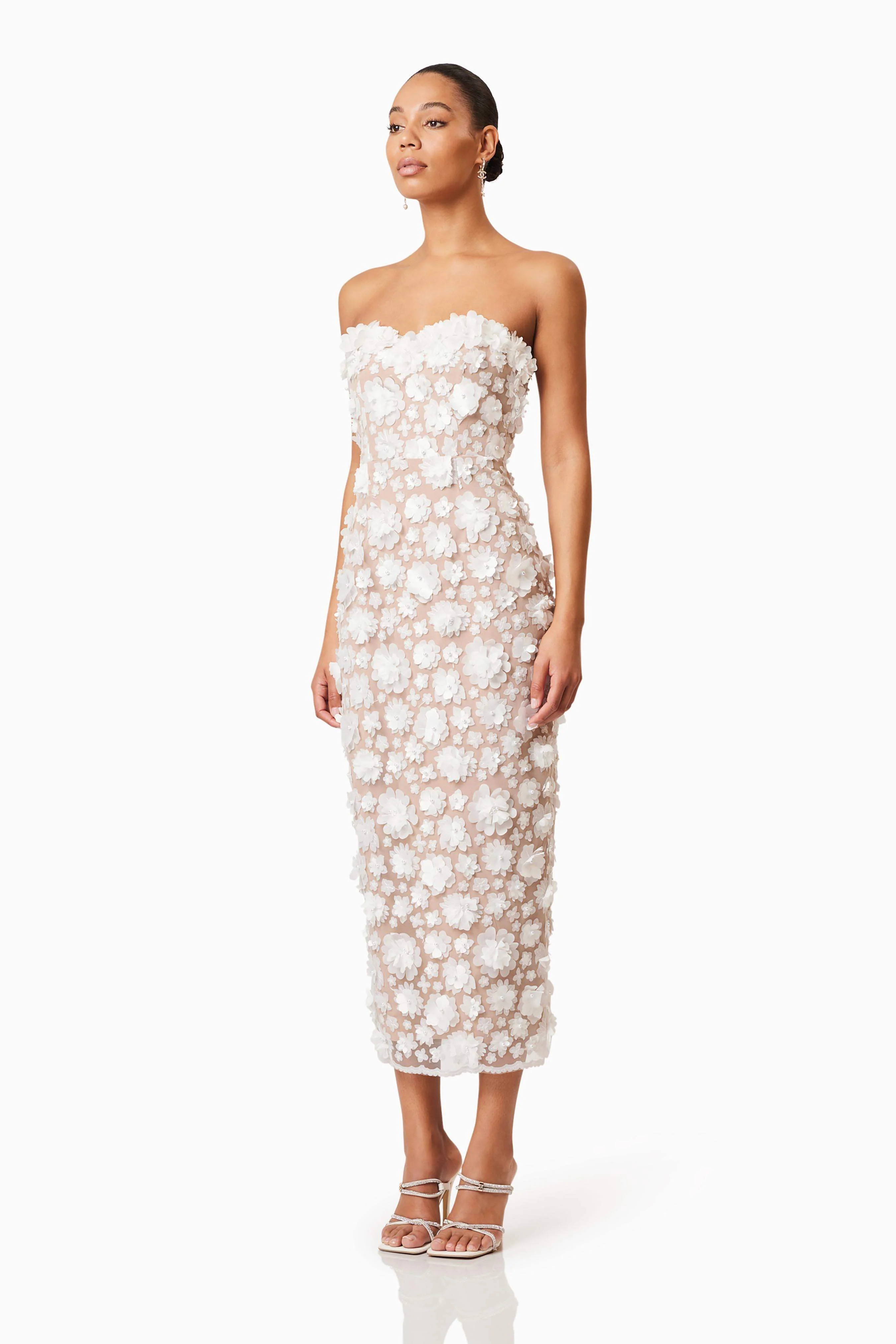 Bluebell Strapless 3D Midi Dress in White