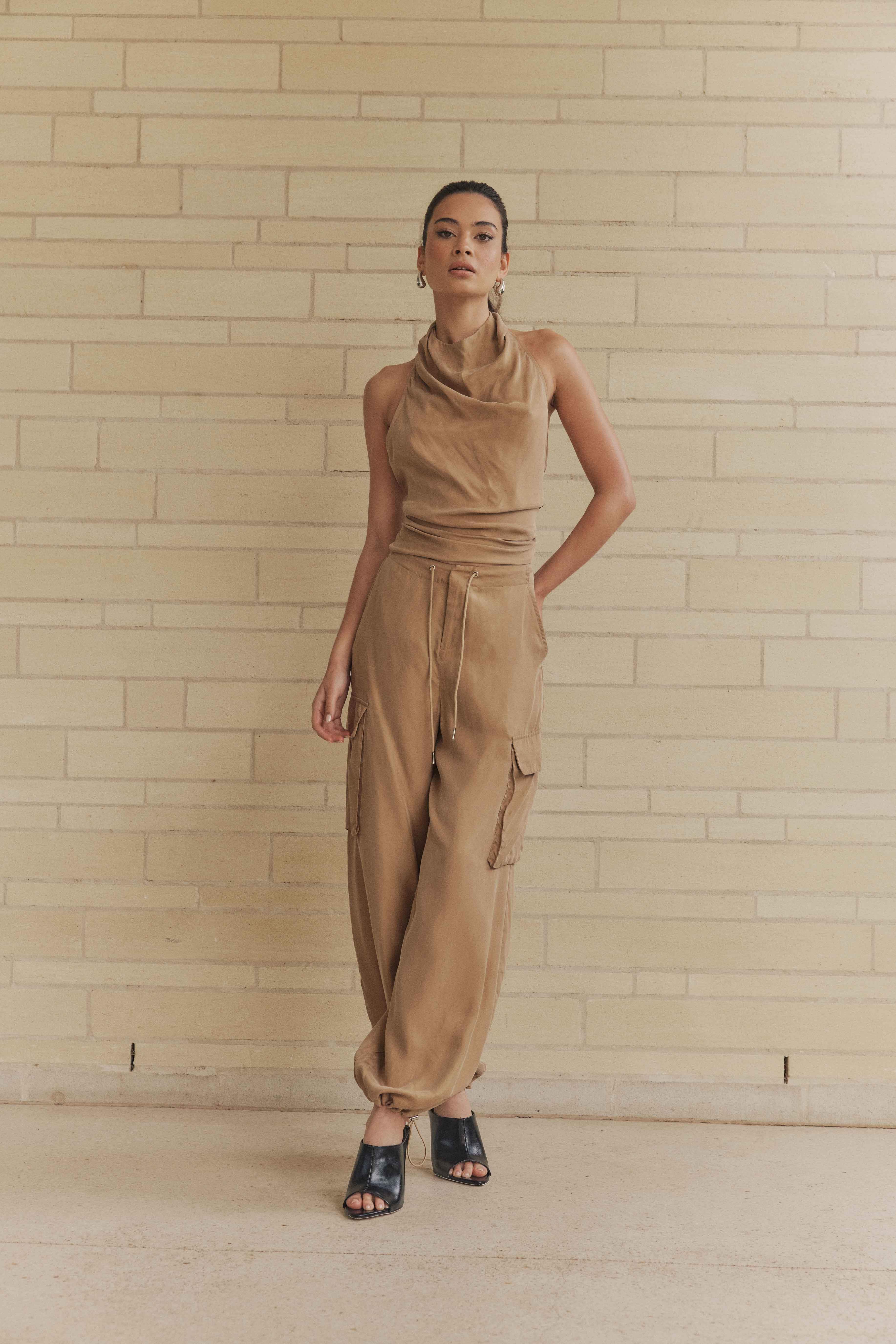 CURAAE Amber Tie Back Halter Cowl Neck Top in Beige