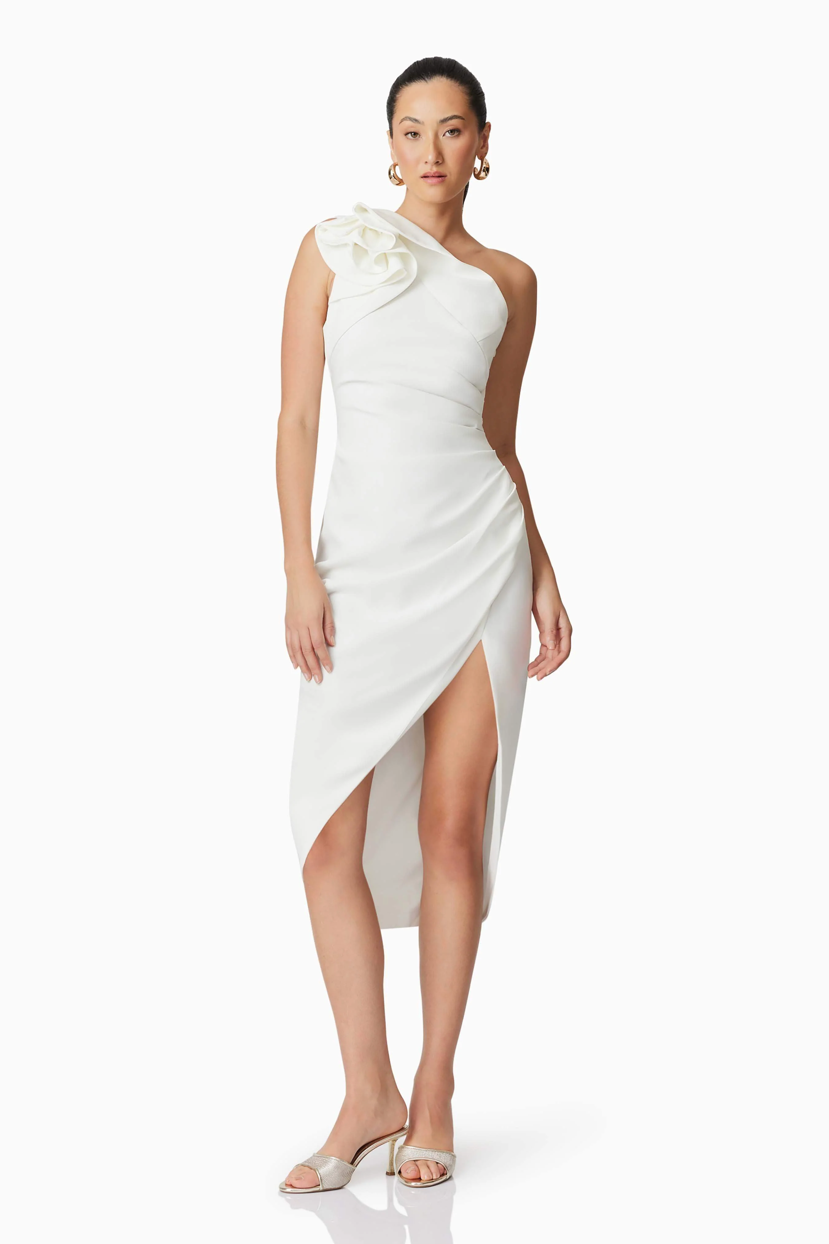 Hazelle One Shoulder Midi Dress in White
