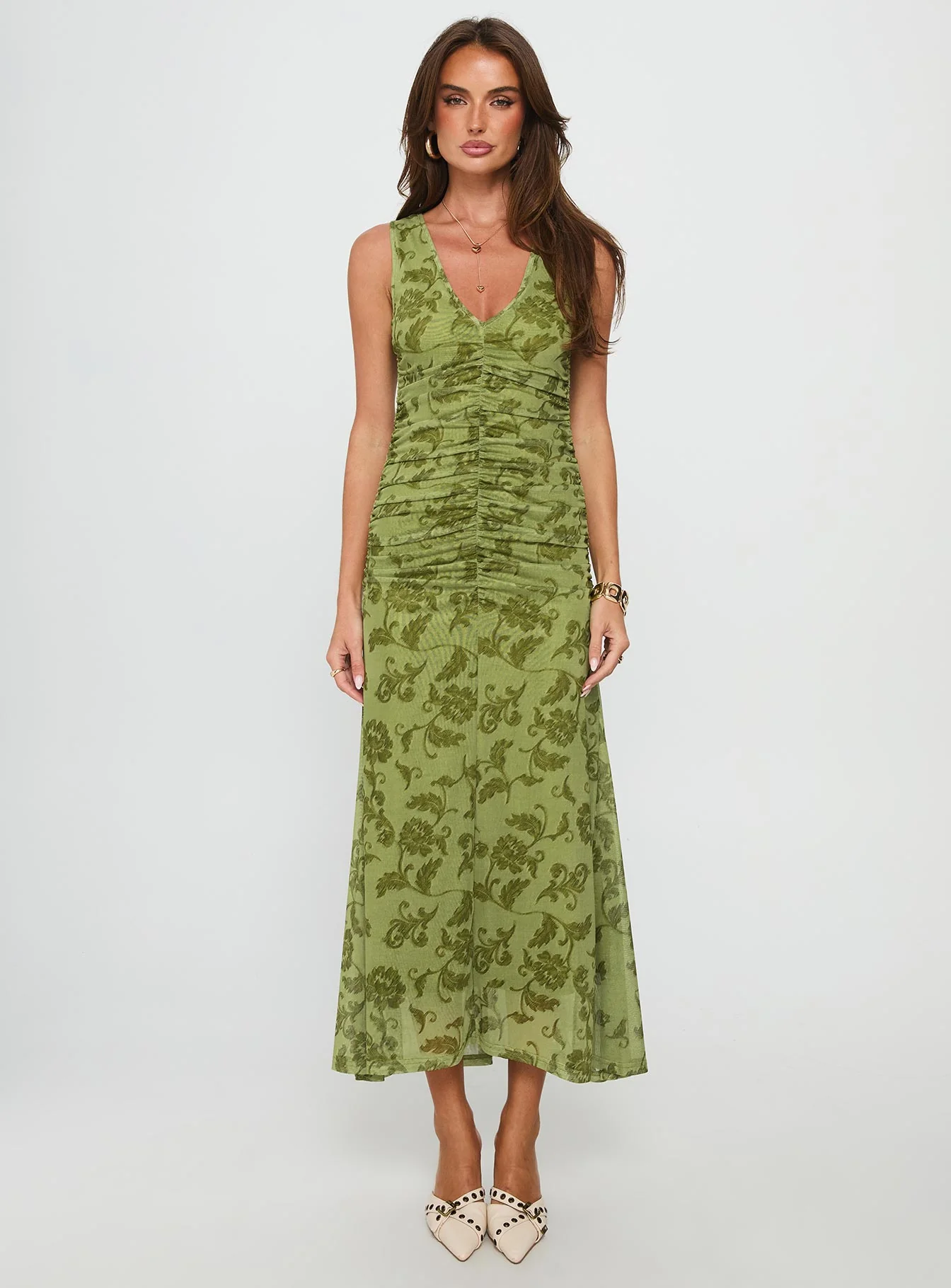 Stefanya Gathered Maxi Dress Green Floral