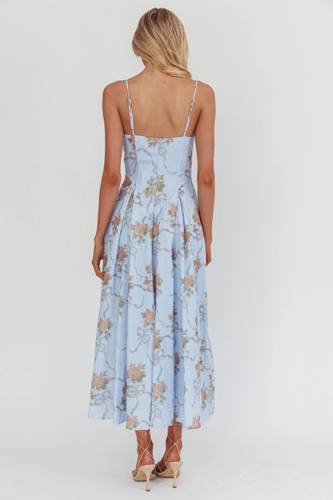 Get My Attention Pleat Waist Maxi Dress Bow Blue