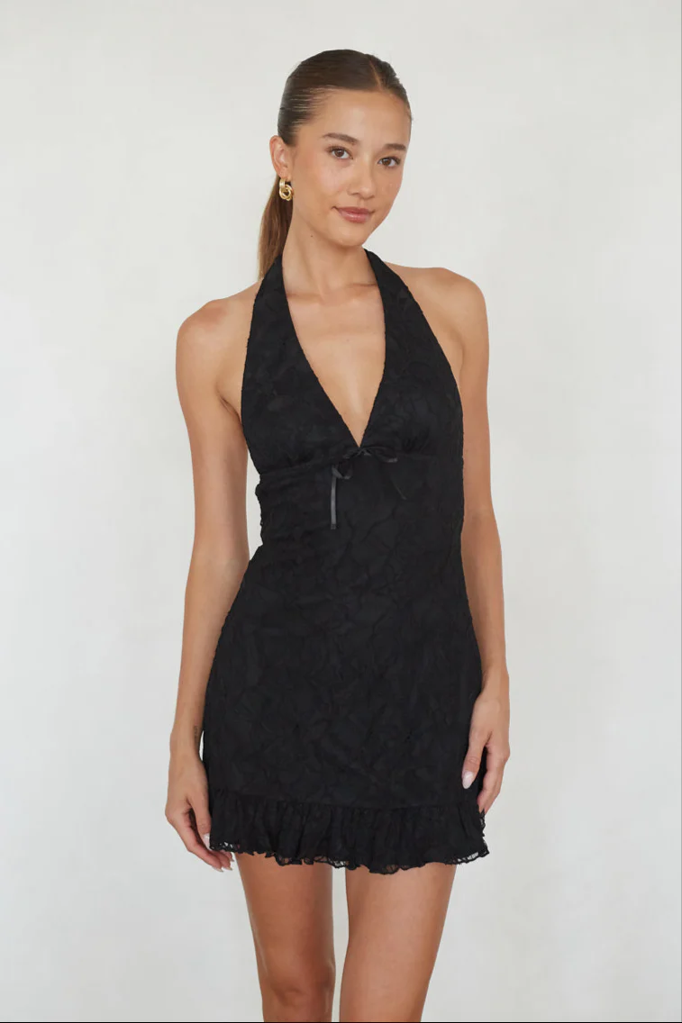 Fleur Lace Halter Ruffled Mini Dress
