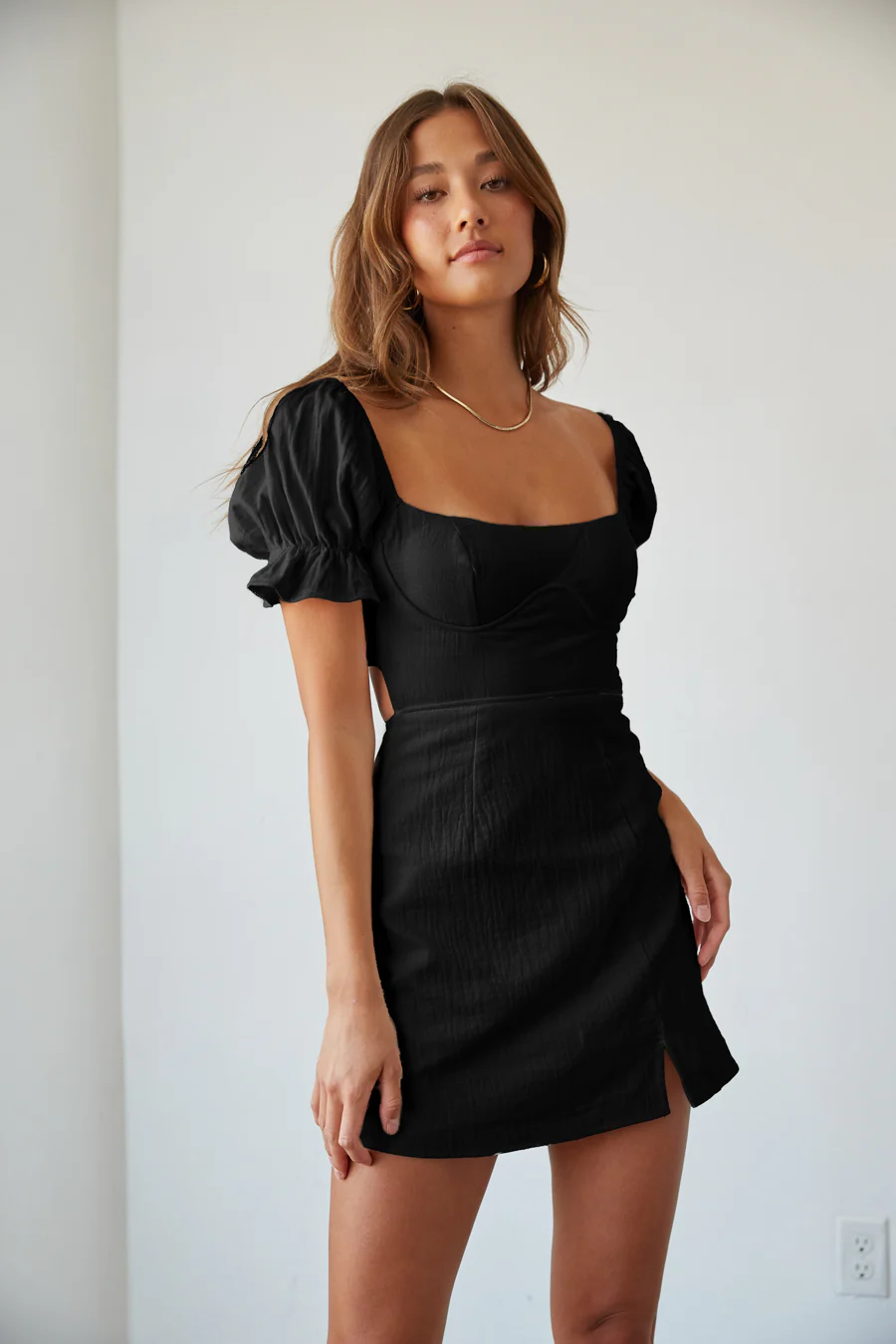 Drew Puff Sleeve Corset Linen Mini Dress