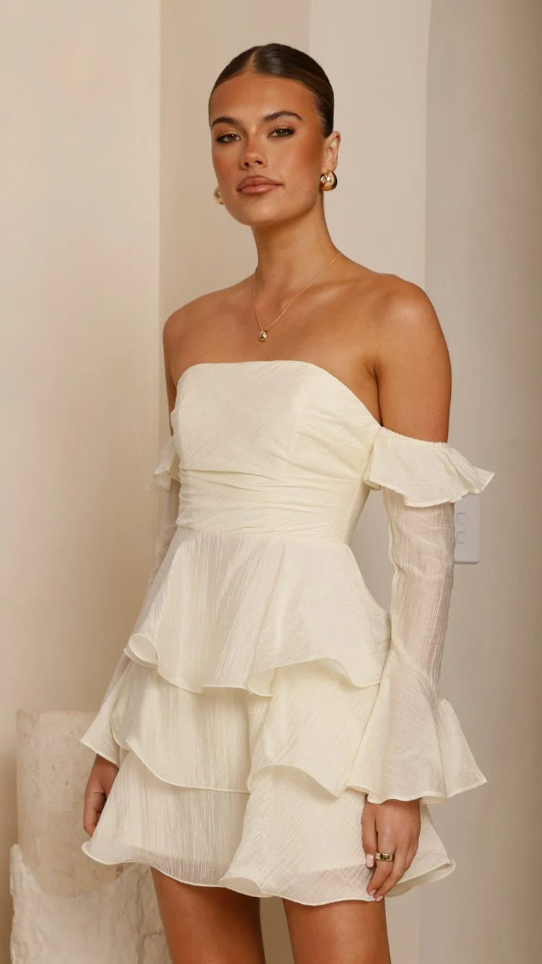 Harsha Off Shoulder Long Sleeve Mini Dress - Cream