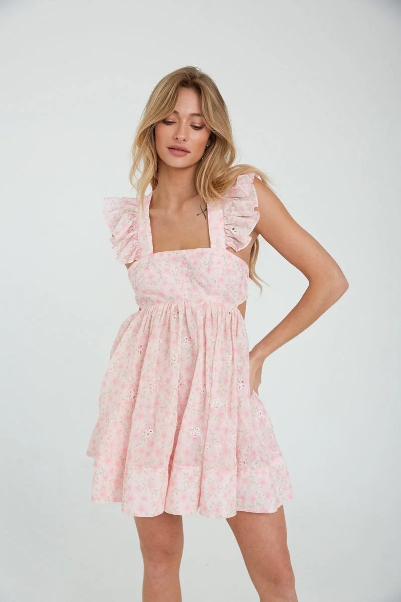 Cara Floral Eyelet Flutter Sleeve Babydoll Mini Dress