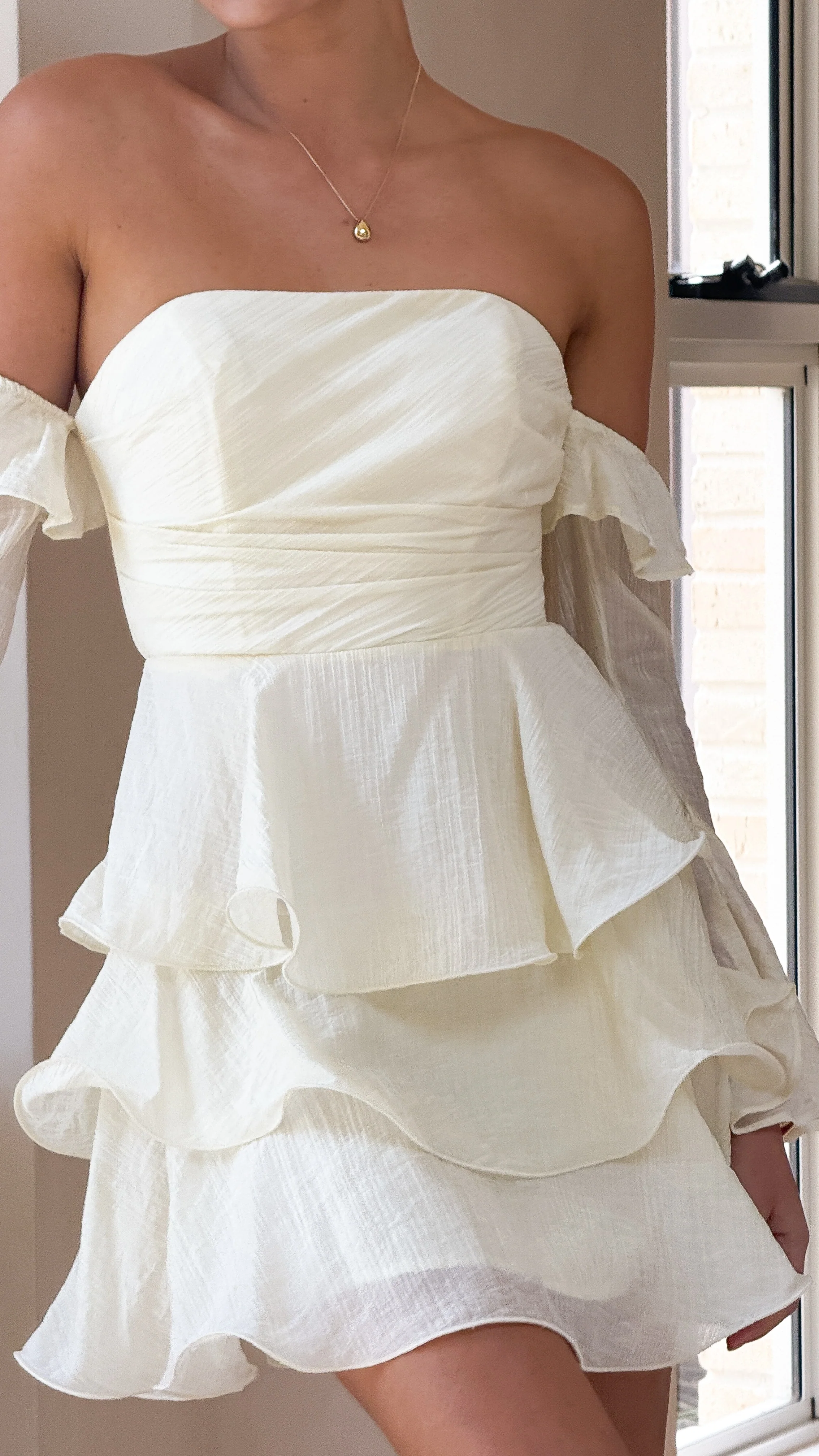 Harsha Off Shoulder Long Sleeve Mini Dress - Cream