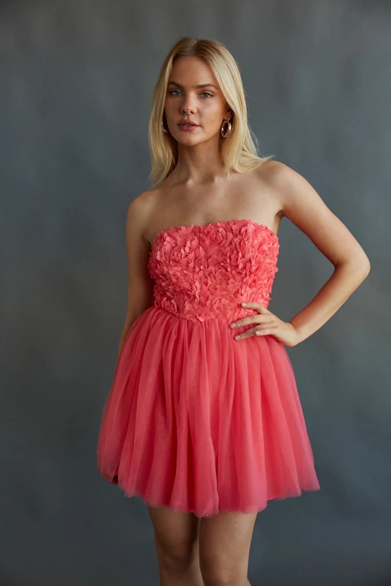 Grace Strapless Floral Applique Tulle Babydoll Mini Dress