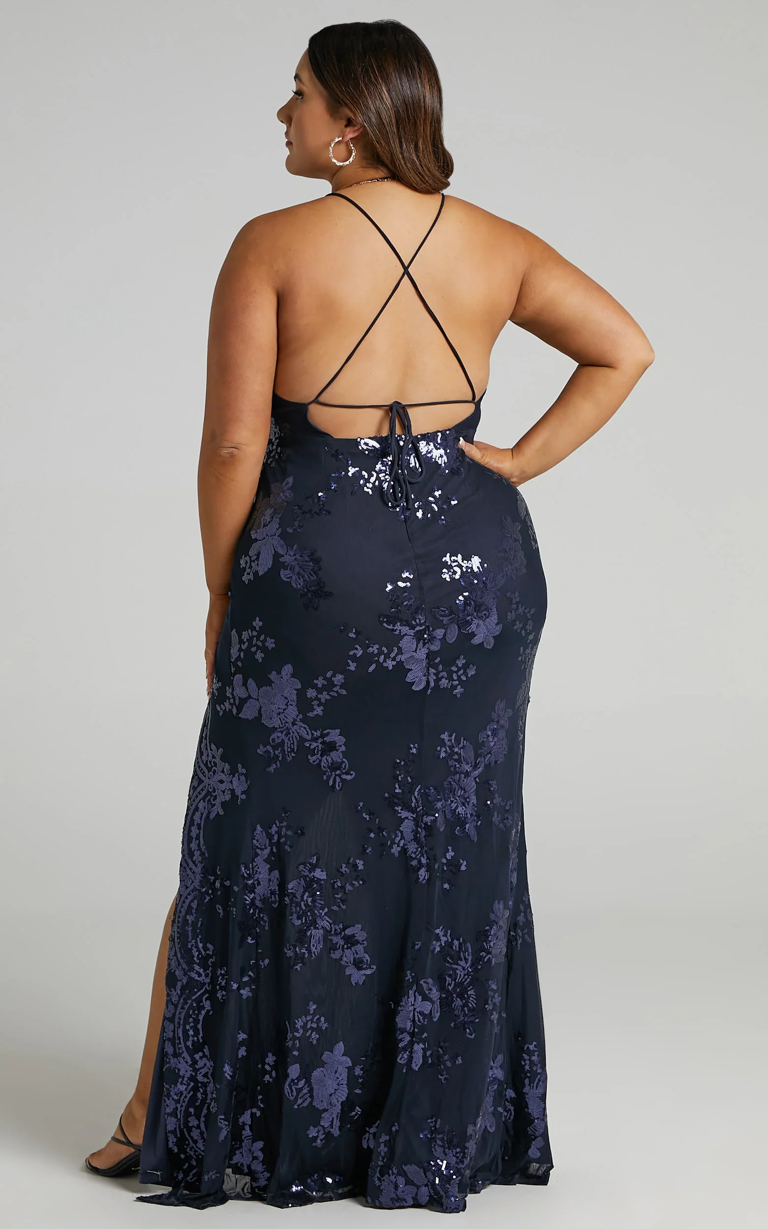 Out Till Dawn Maxi Dress Thigh Split Dress in Navy Sequin