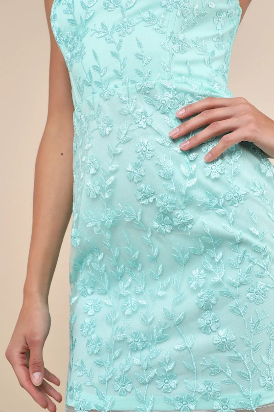 Exquisite Sensation Teal Floral Embroidered Strapless Mini Dress Lulus