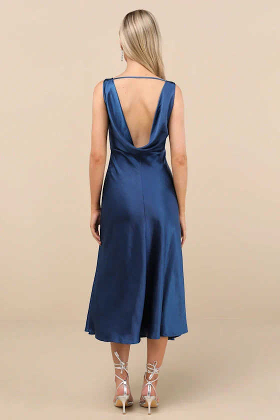 Incredible Love Navy Satin Cowl Back Midi Slip Dress