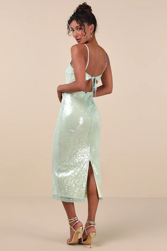 Cahya Mint Green Sequin Tie-Back Midi Dress