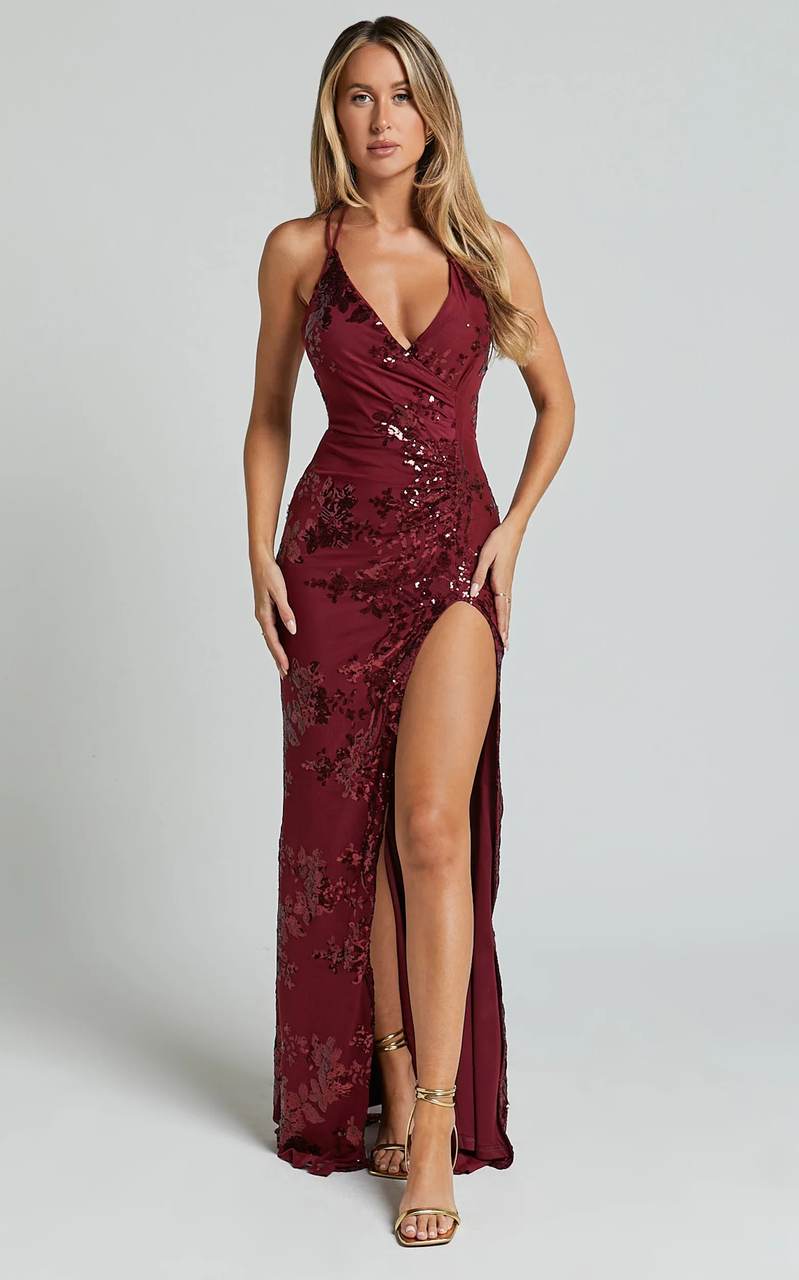 Out Till Dawn Maxi Dress Thigh Split Dress in Wine Sequin