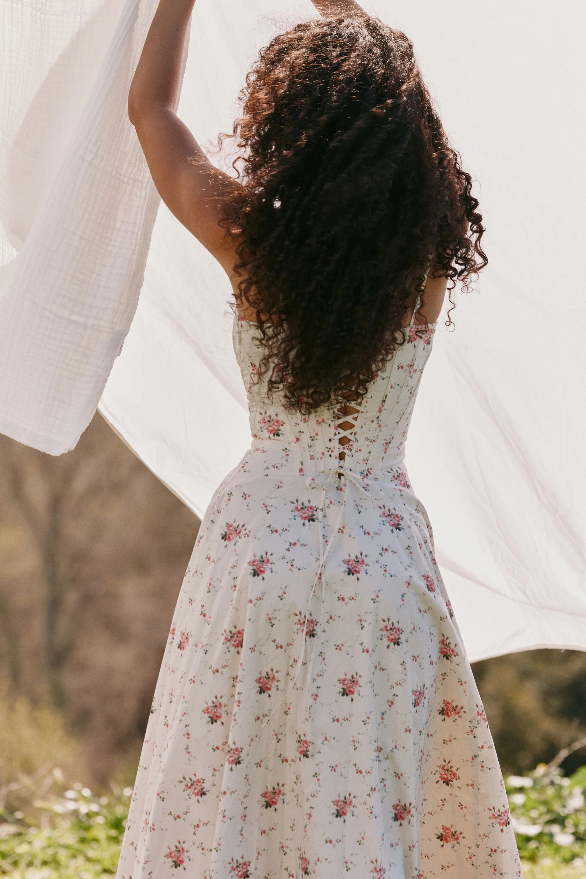White Stretch Cotton Rose Print Midi Sundress