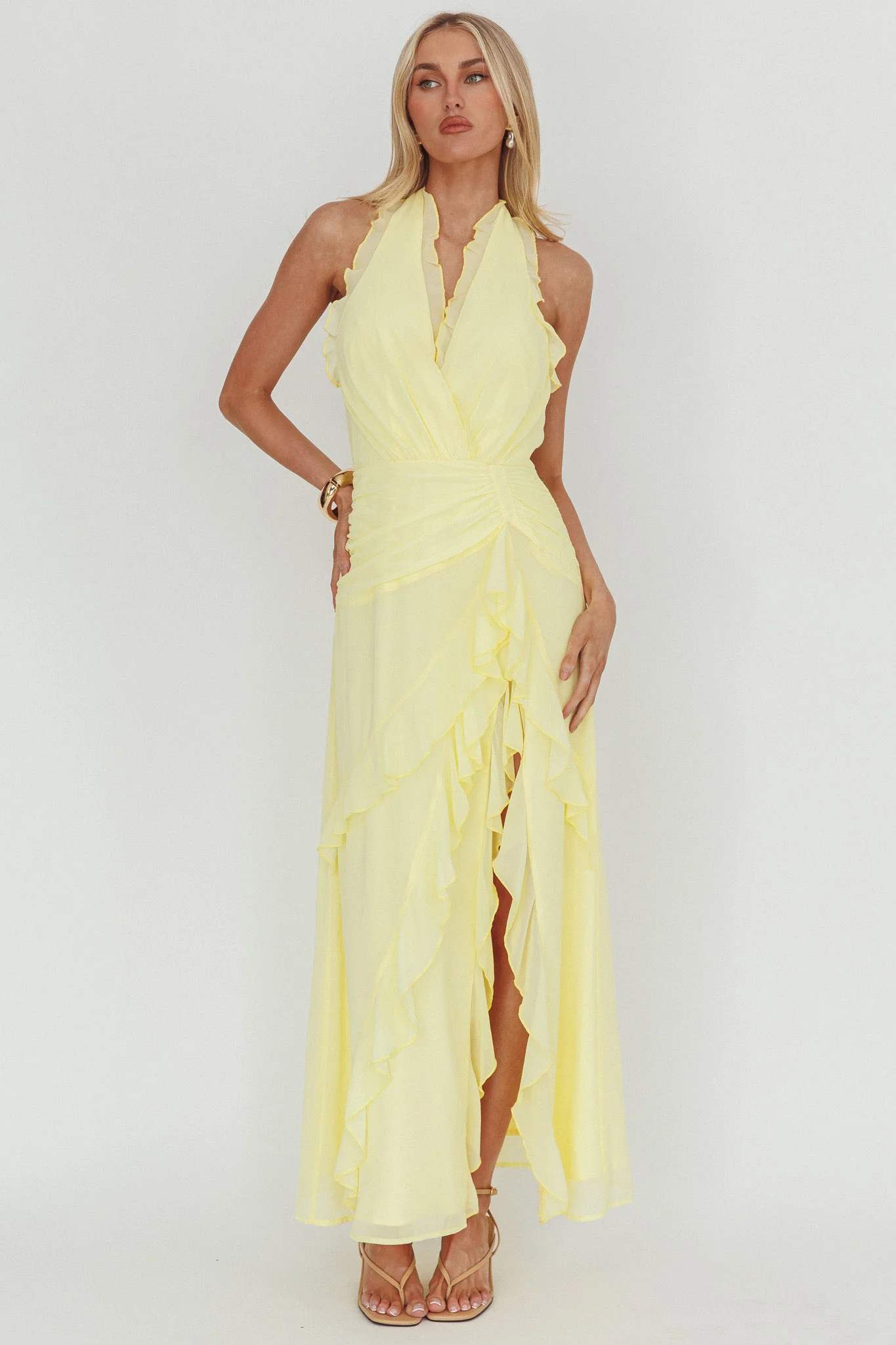 Enticing Halterneck Frill Maxi Dress Yellow