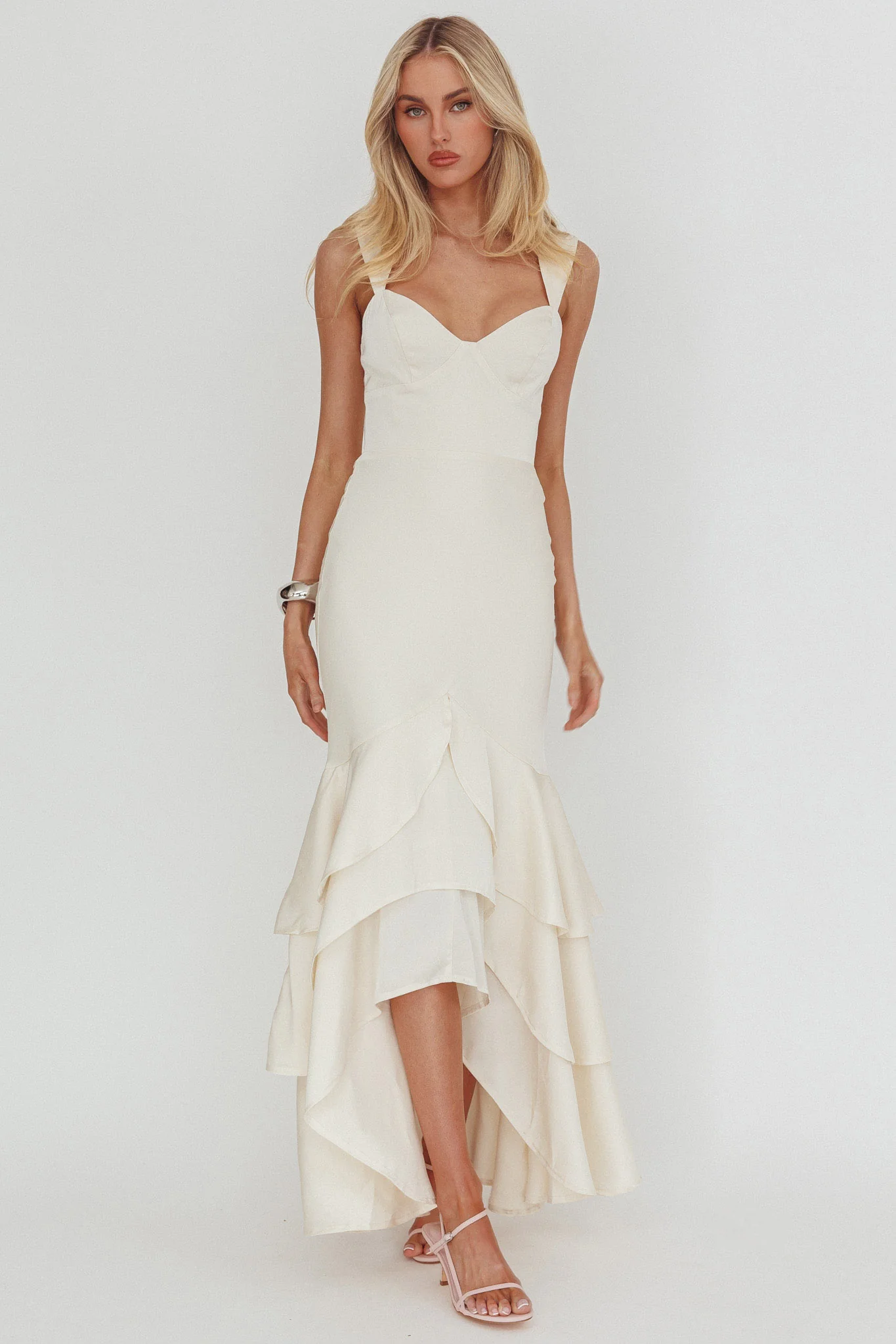 Baylin Layered Mermaid Hem Maxi Dress Cream