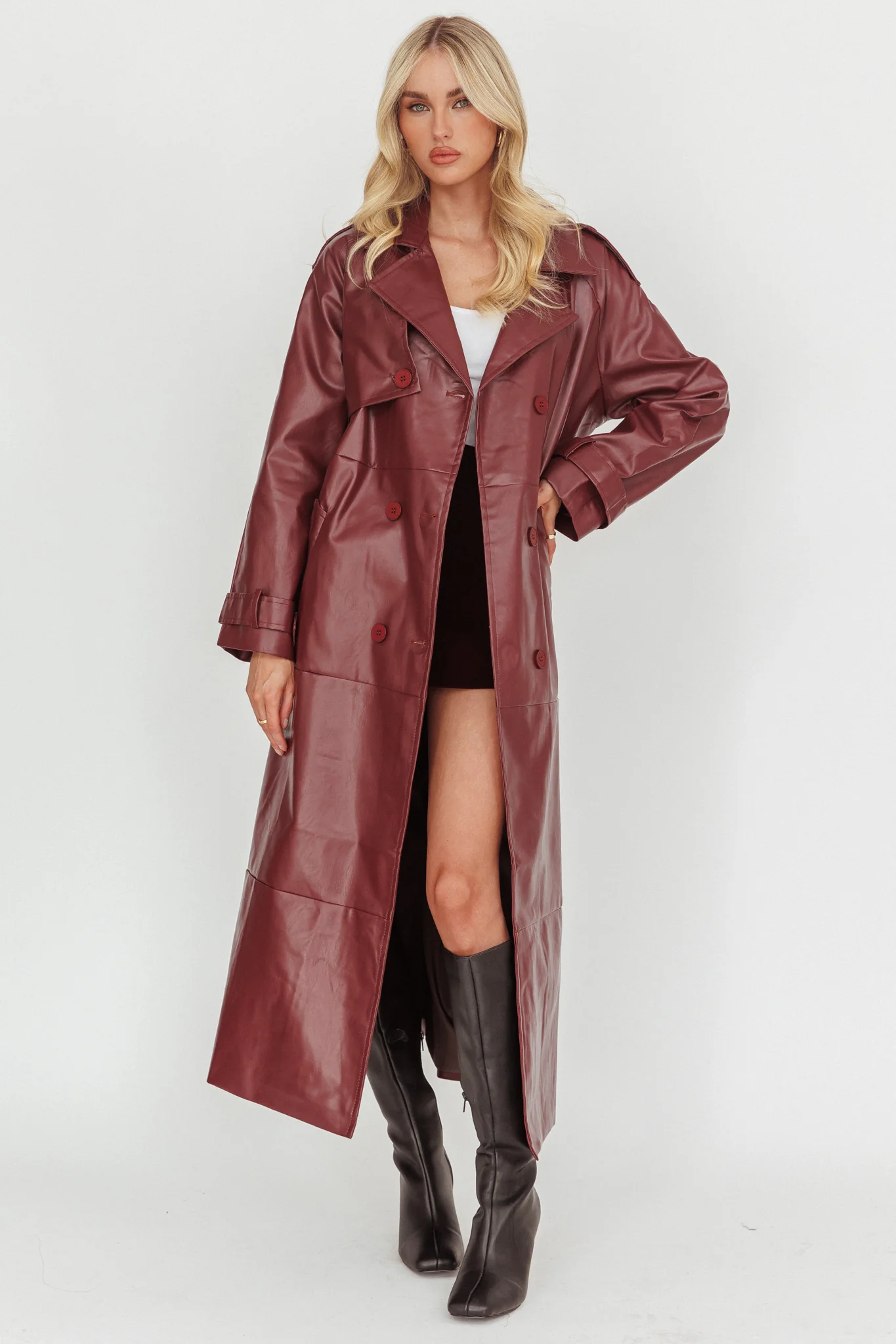 Lyora Longline Faux Leather Trench Coat Burgundy