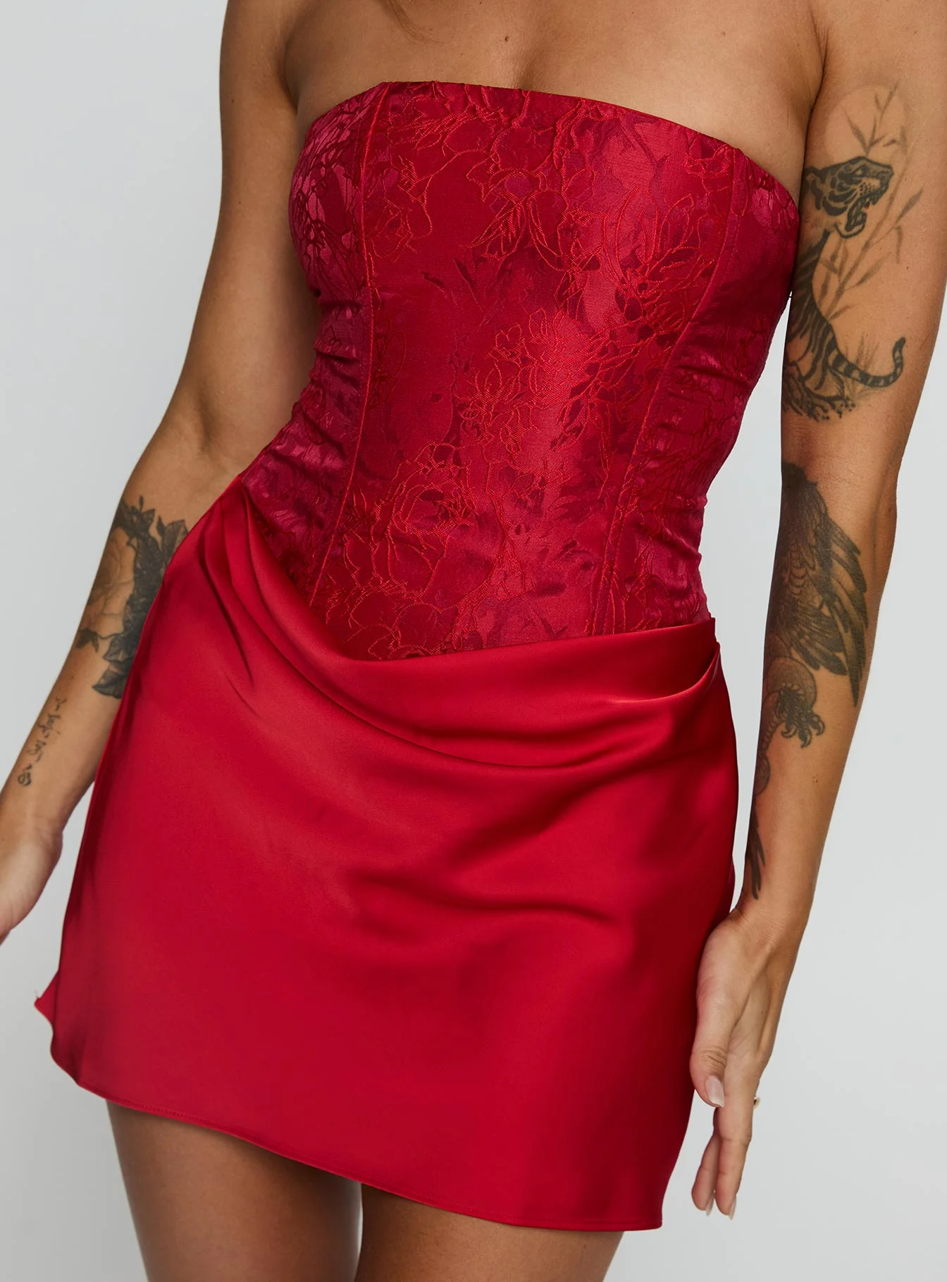 Jenevieve Strapless Drape Mini Dress Red