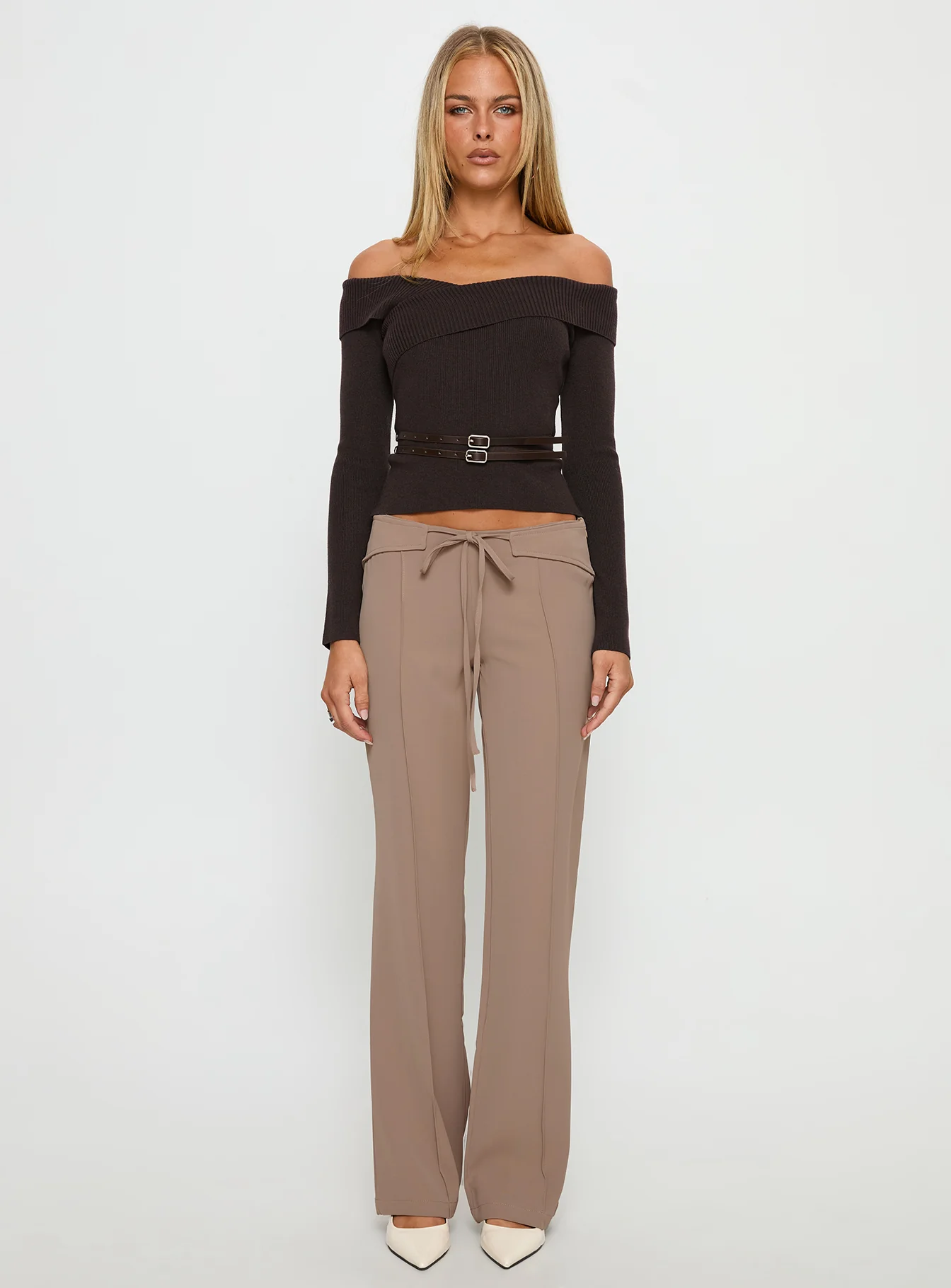Ellenore Belt Detail Off Shoulder Top Brown